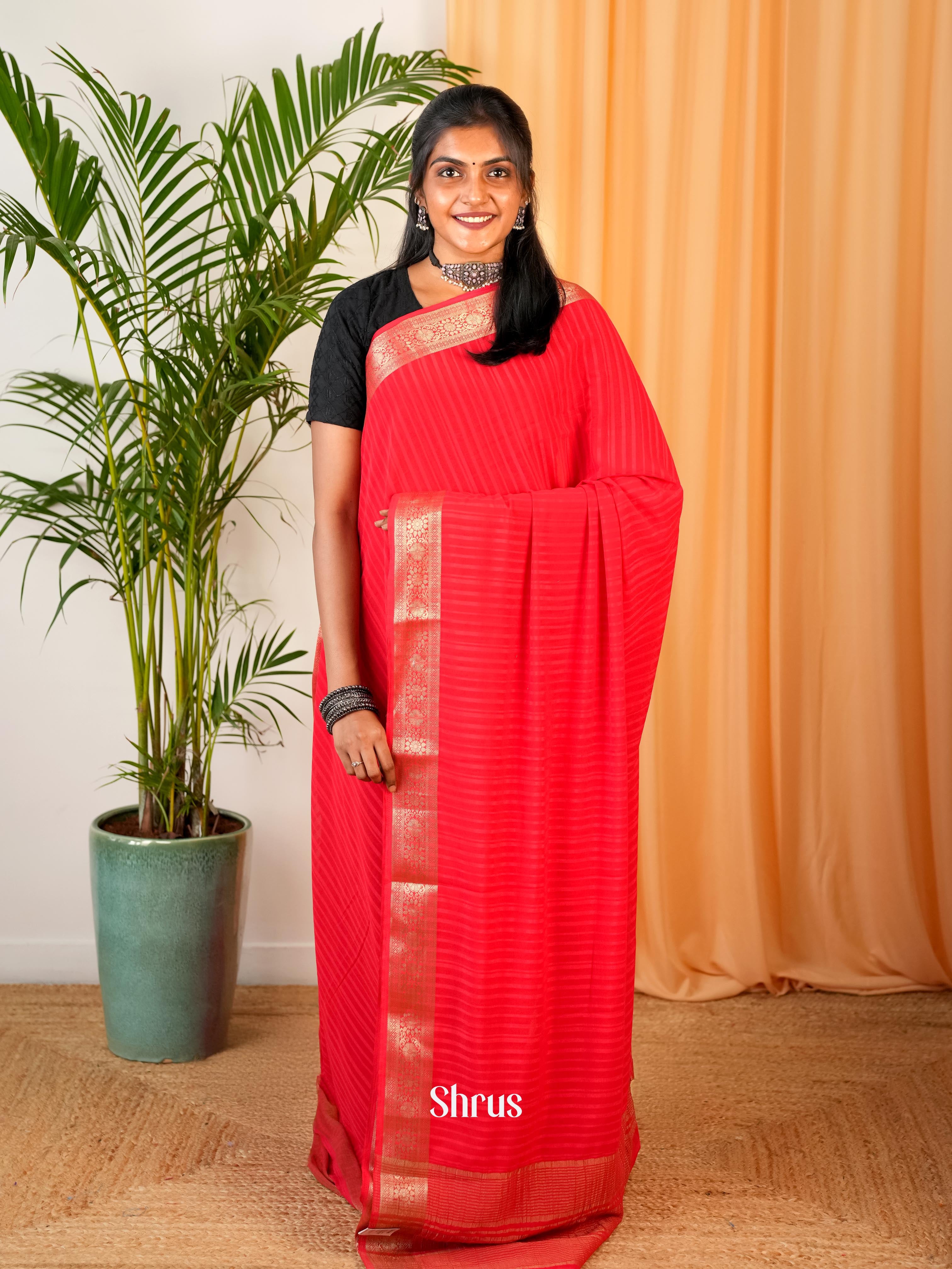 Red - Semi Mysoresilk Saree