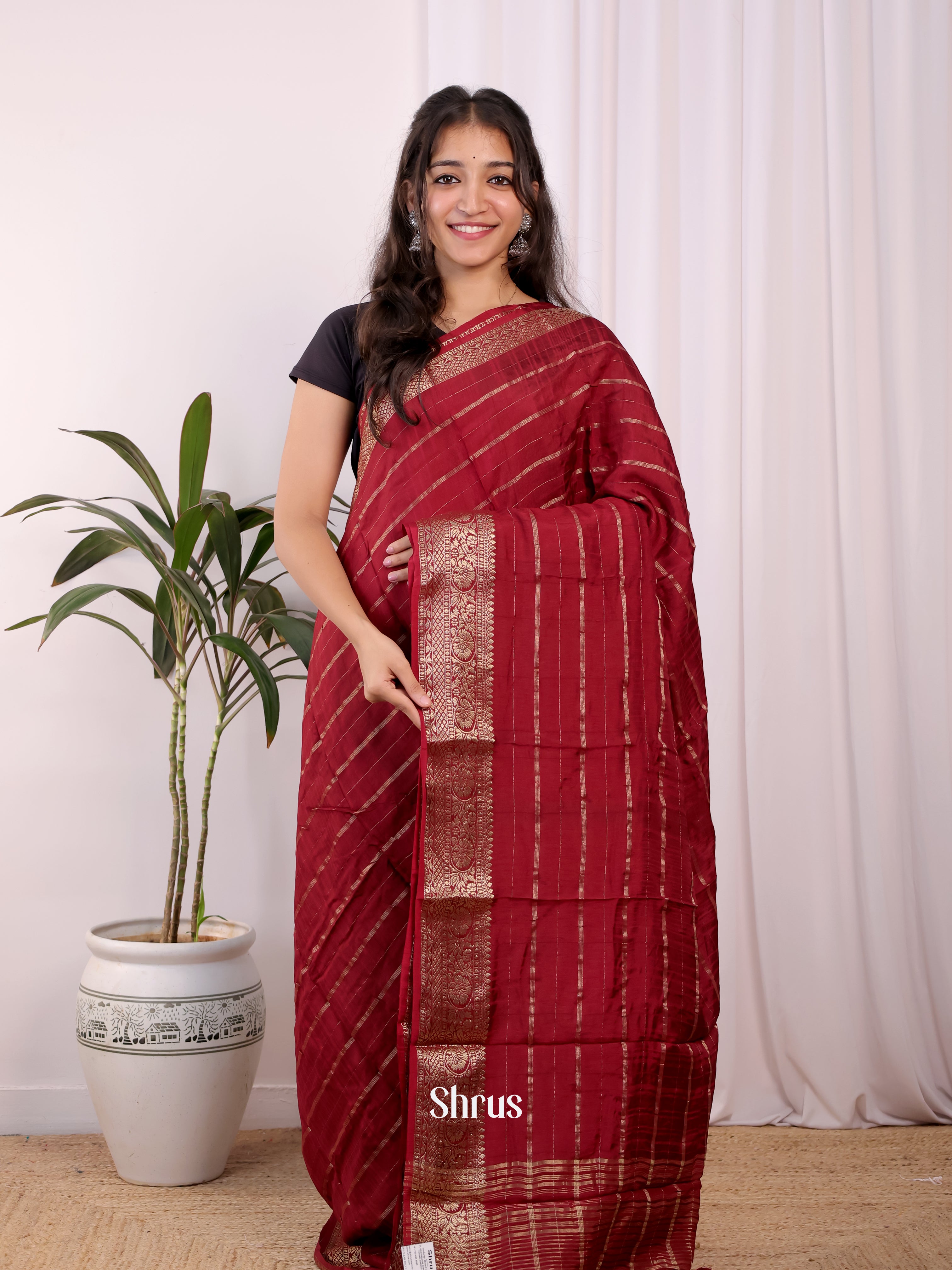 Maroon & Yellow - Semi Mysoresilk Saree