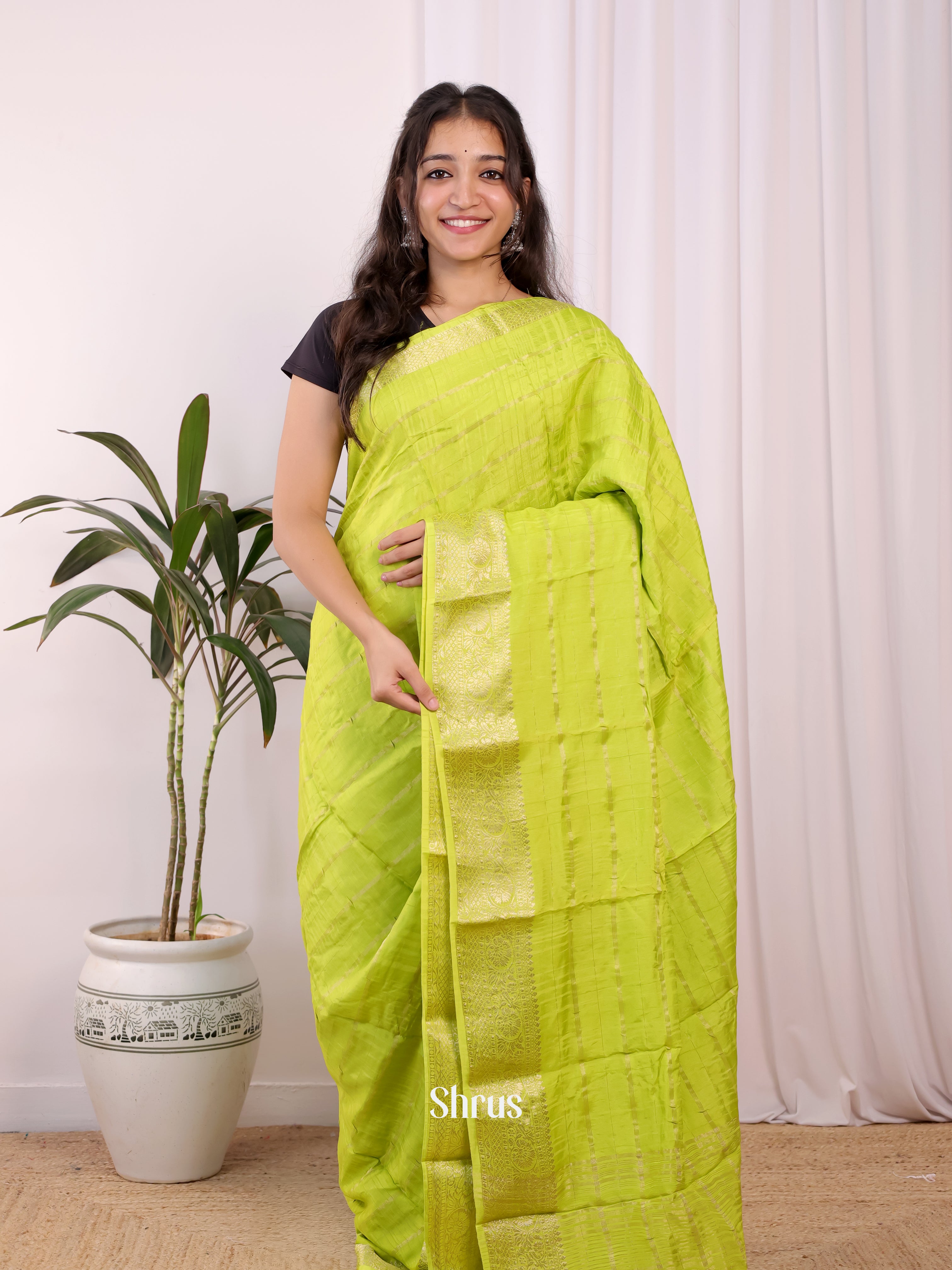 Lite Green & Red- Semi Mysoresilk Saree