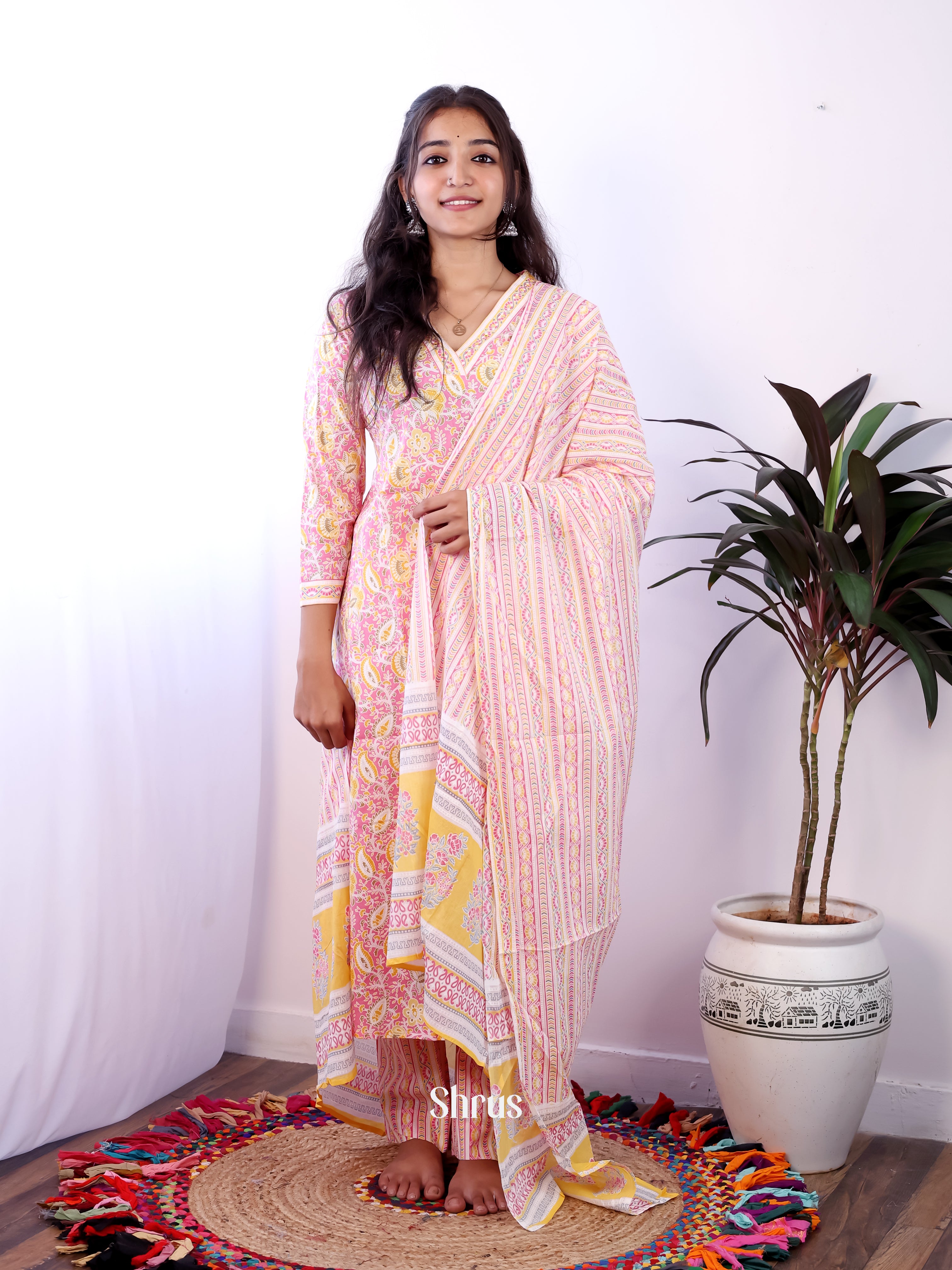 Cream & Pink-3pc floral Readymade Suits