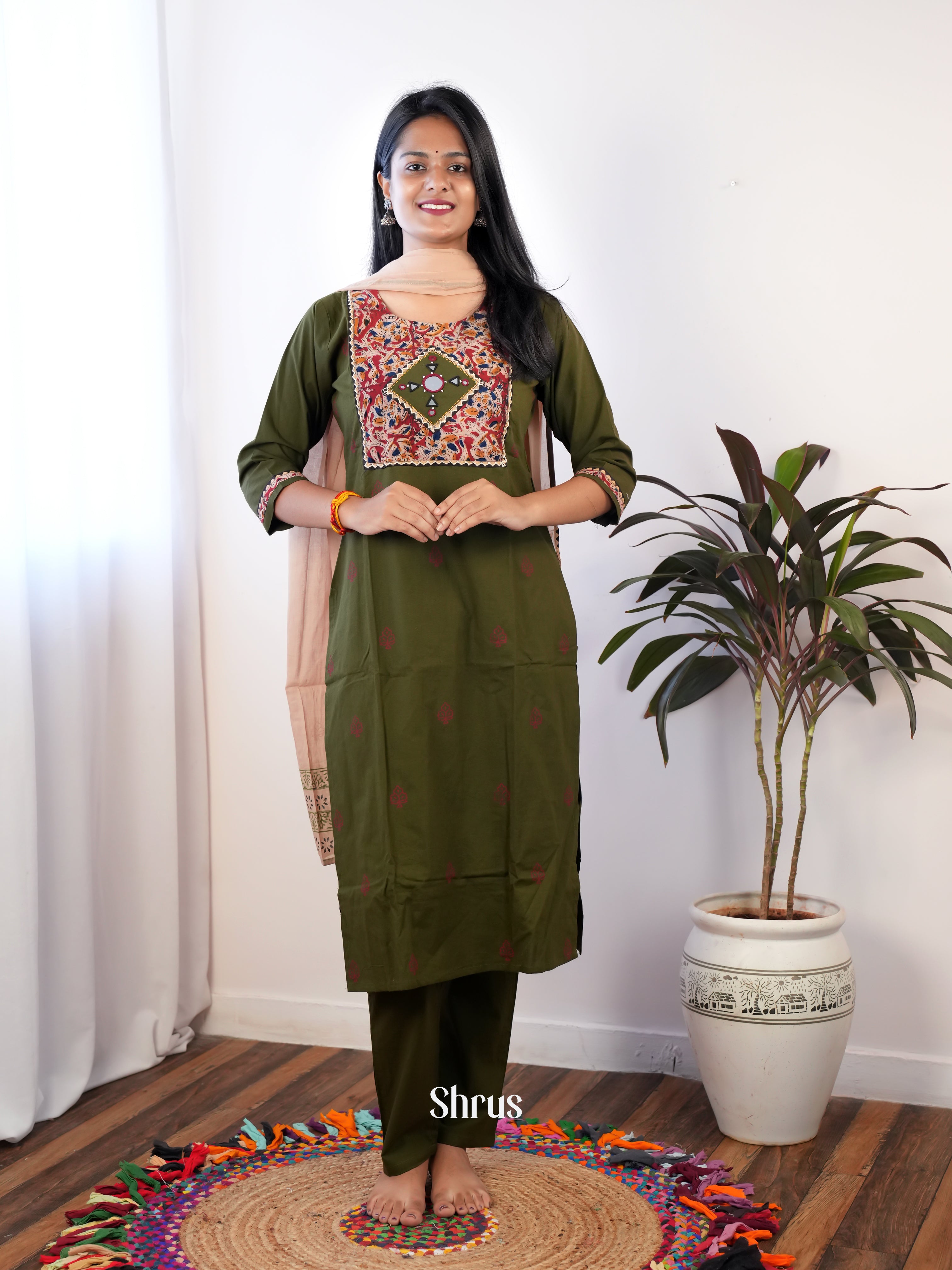 Green & Beige -3pc  Readymade Suits