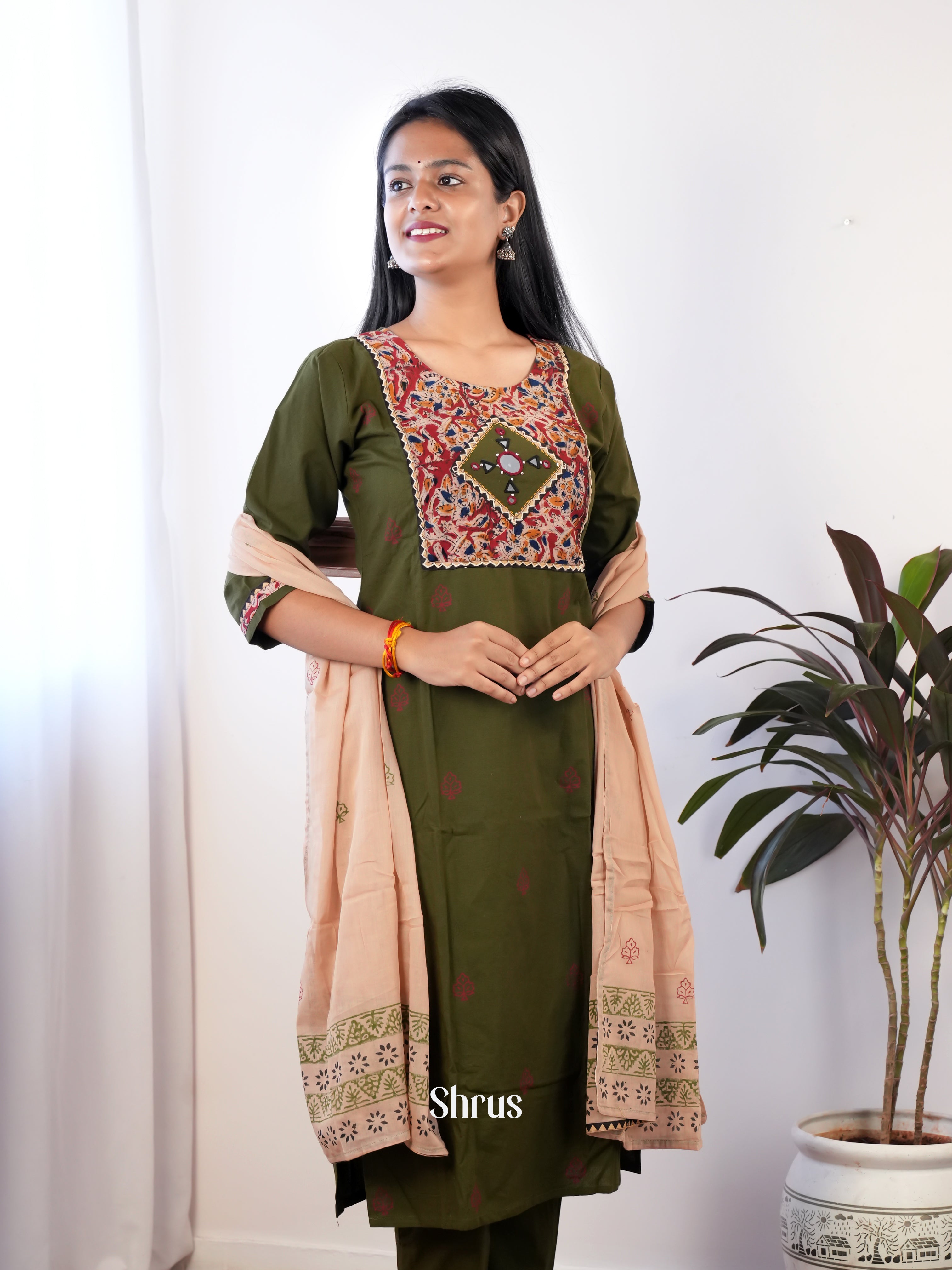 Green & Beige -3pc  Readymade Suits