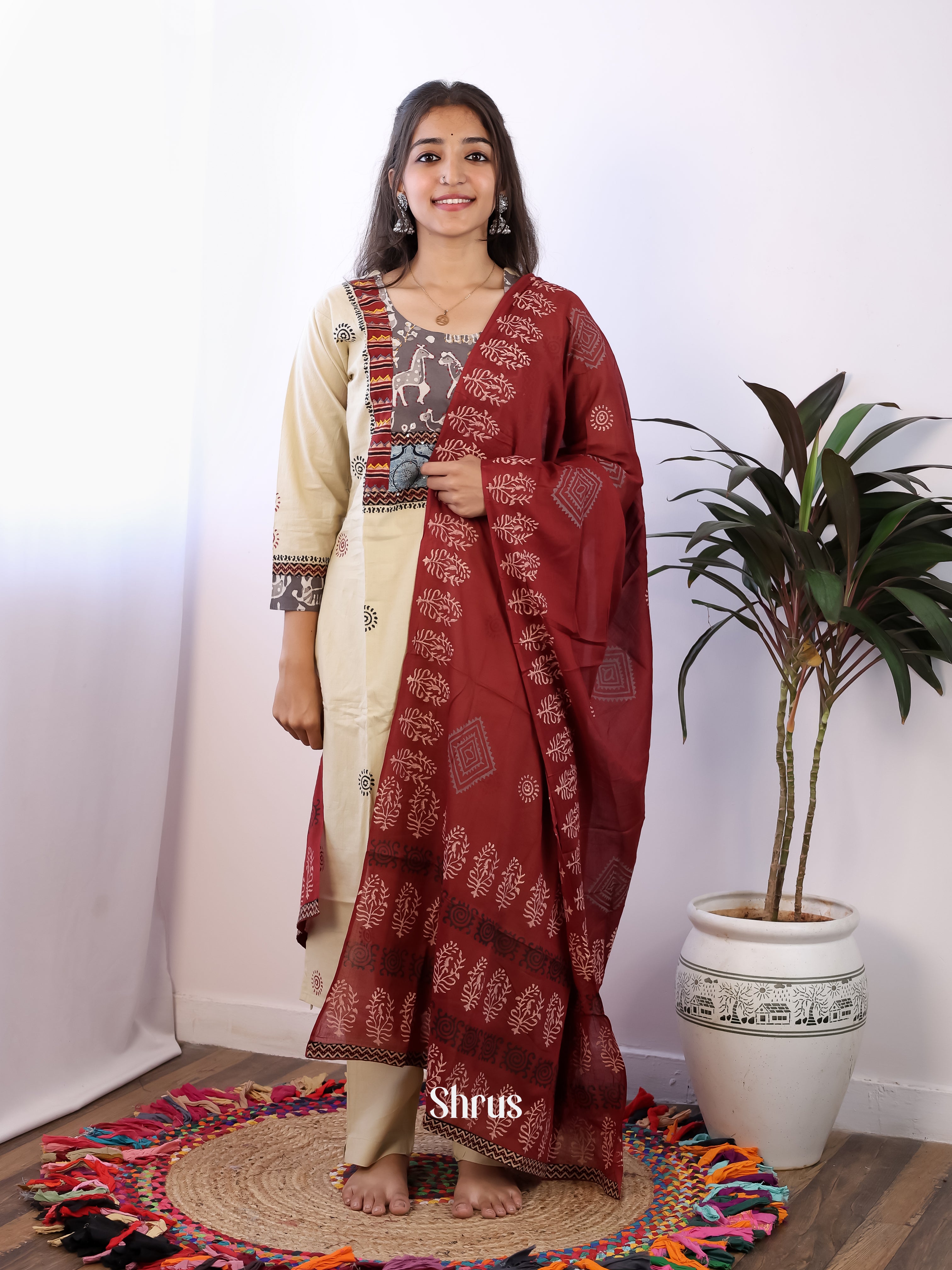 Cream & Maroon-3pc cotton Readymade Suits