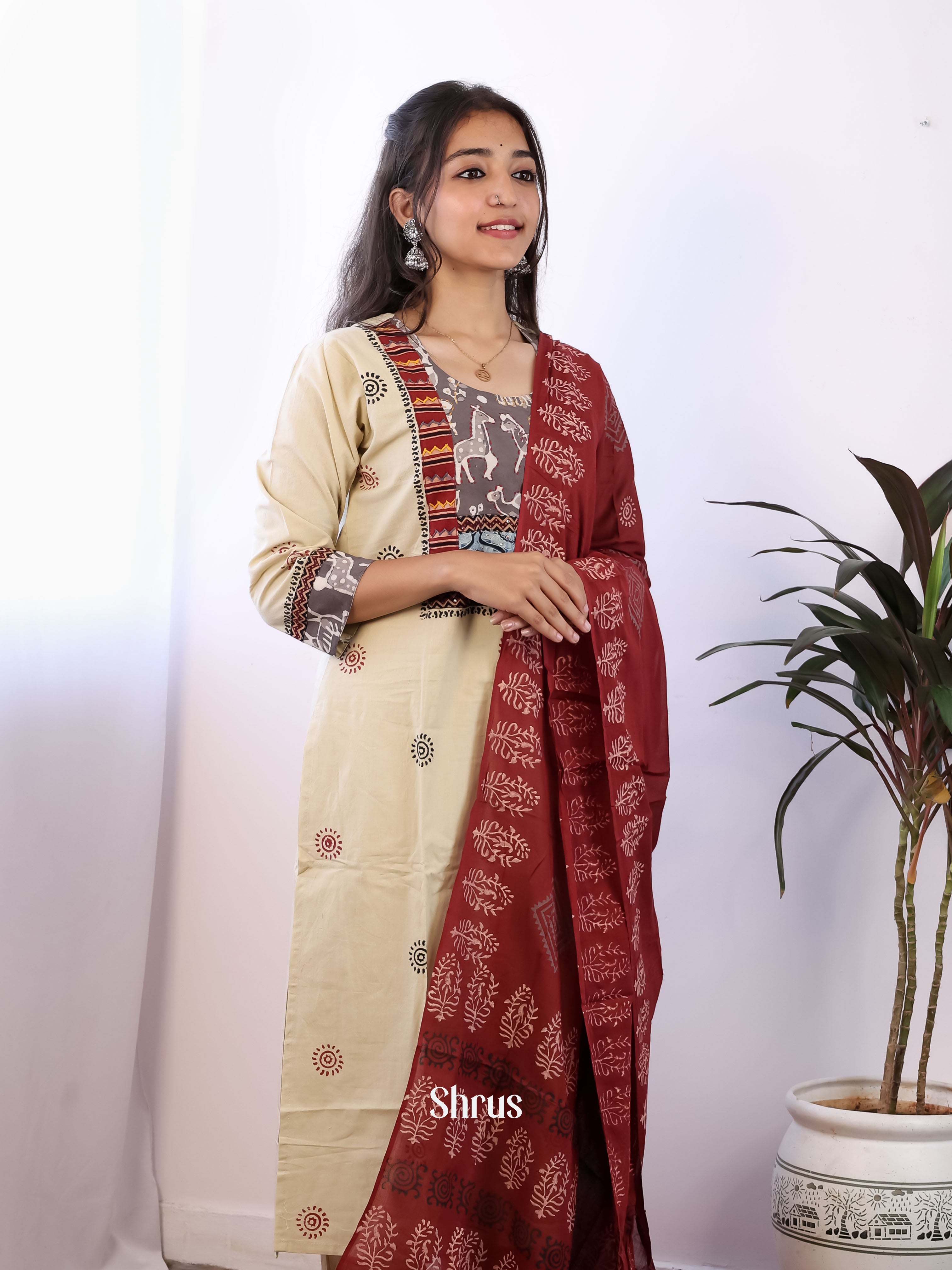 Cream & Maroon-3pc cotton Readymade Suits