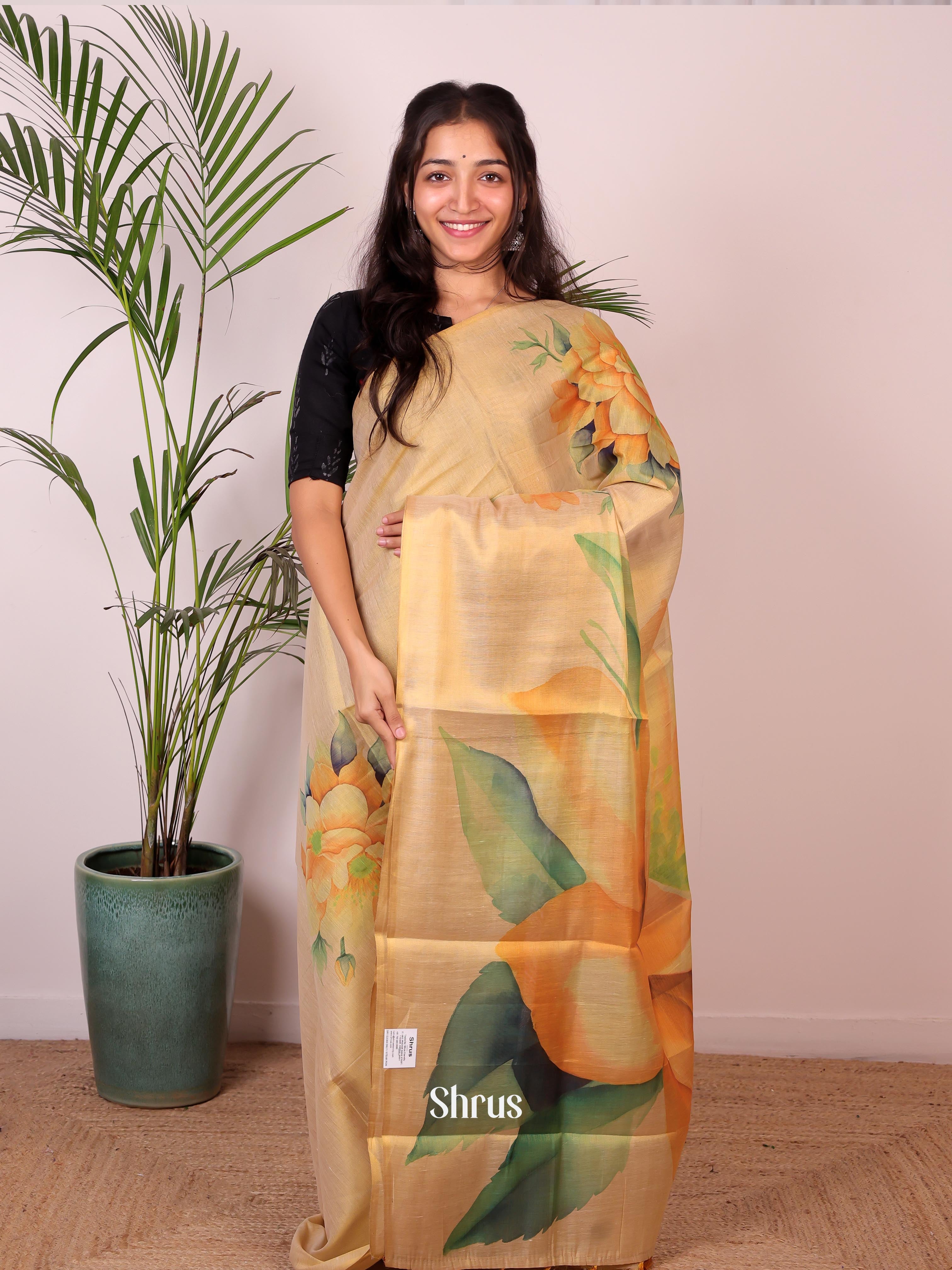 Gold & Orange - Semi Jute Saree - Shop on Shrus.com