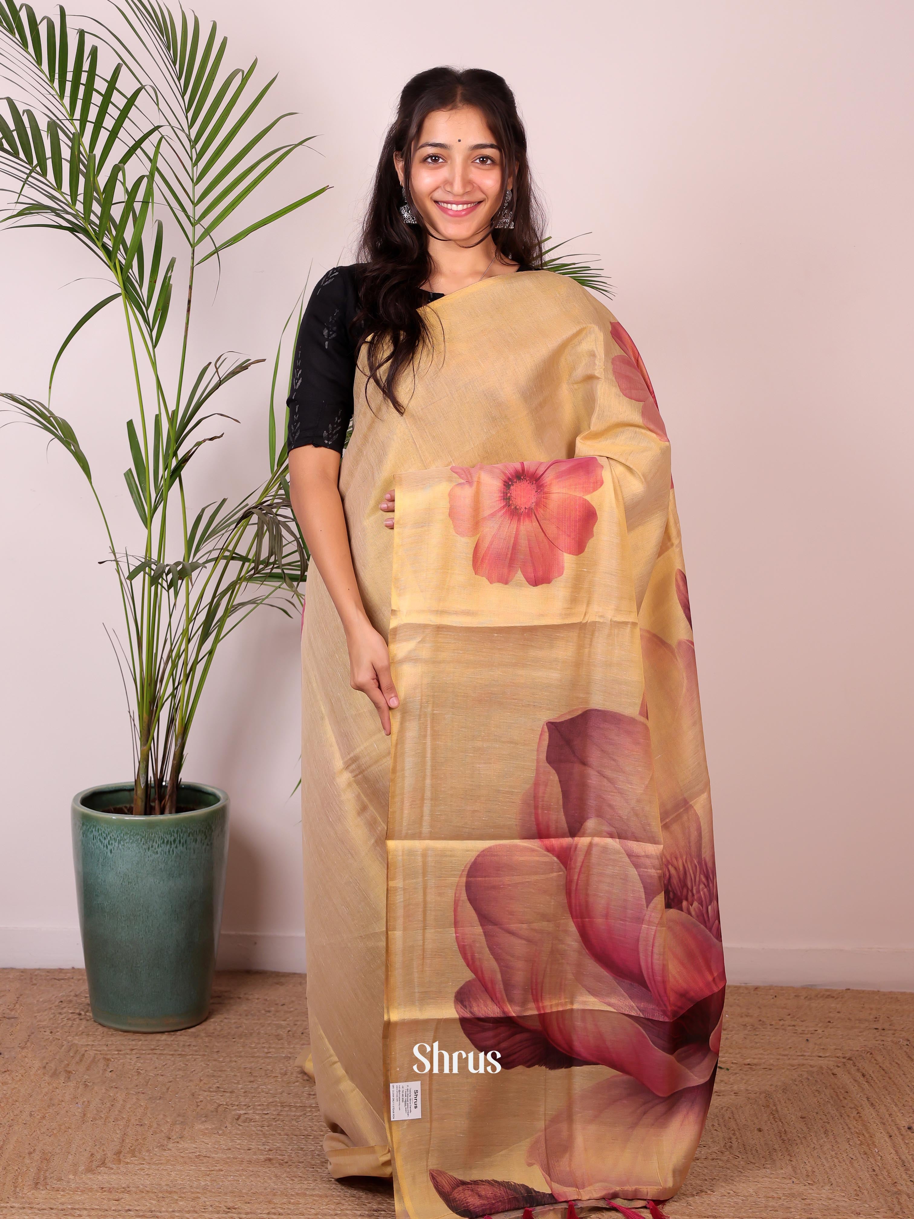 Gold & Purple- Semi Jute Saree - Shop on Shrus.com