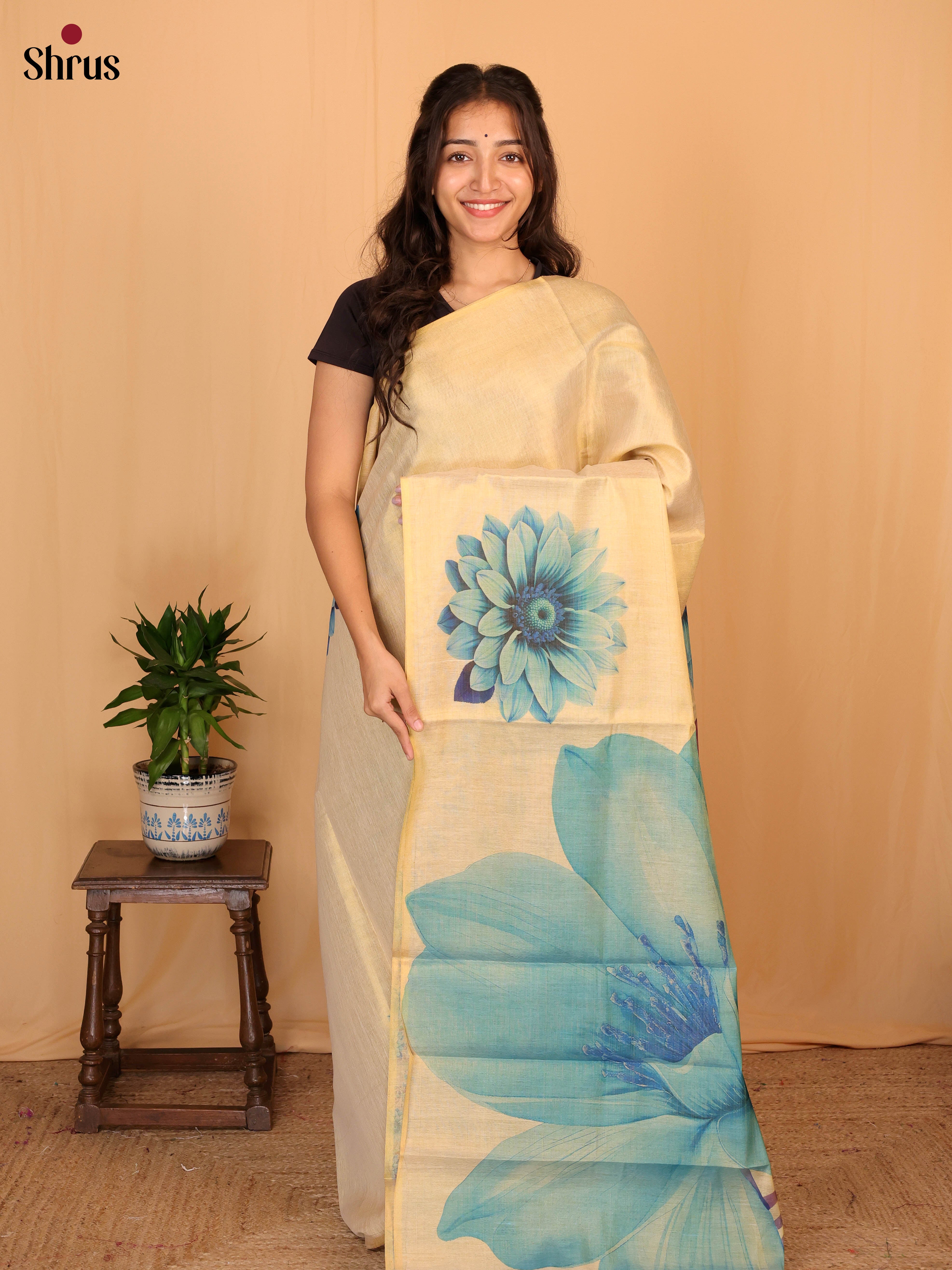 Gold & Blue- Semi Jute Saree