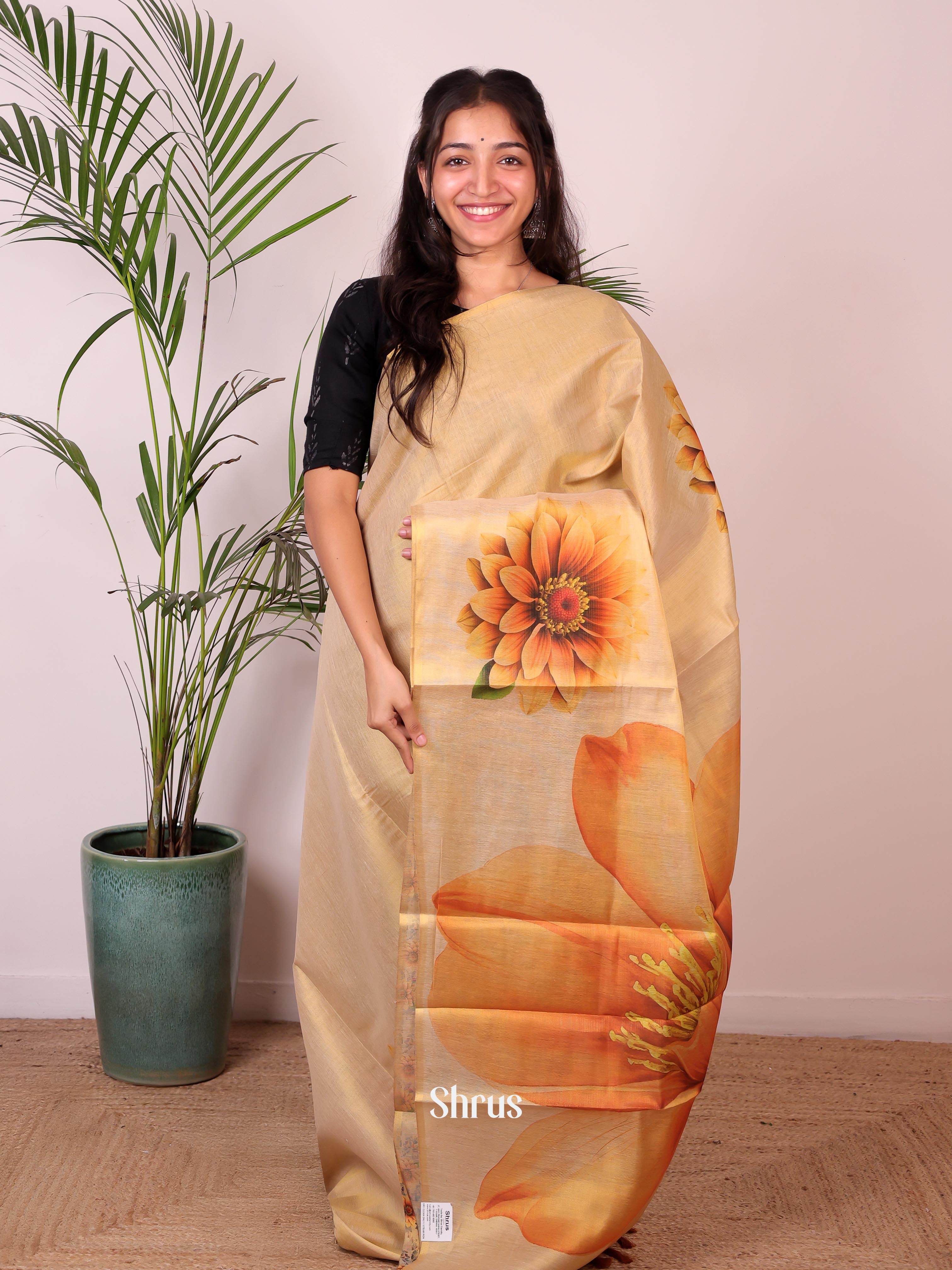 Gold & Orange - Semi Jute Saree - Shop on Shrus.com