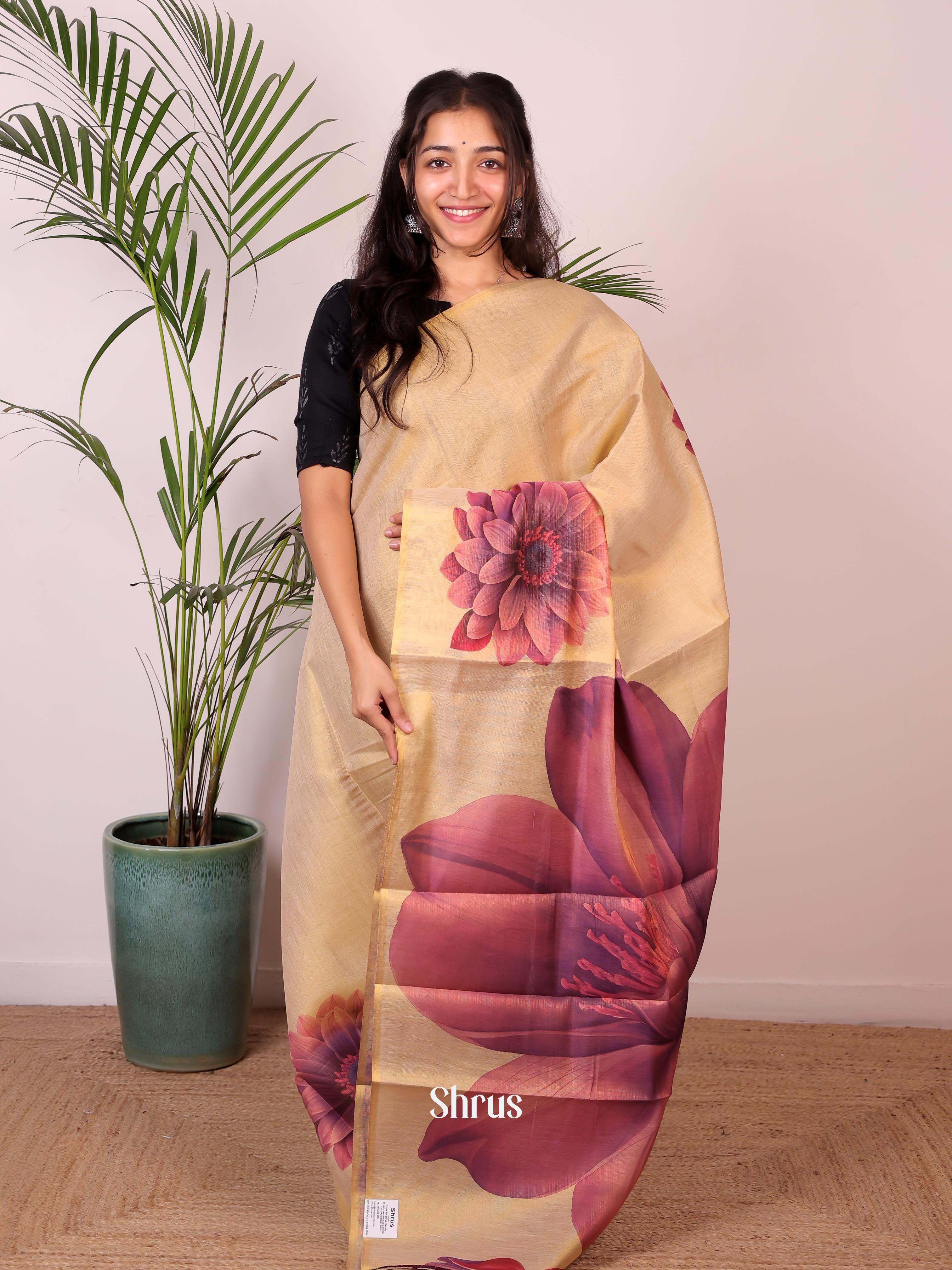 Gold & Purple- Semi Jute Saree - Shop on Shrus.com