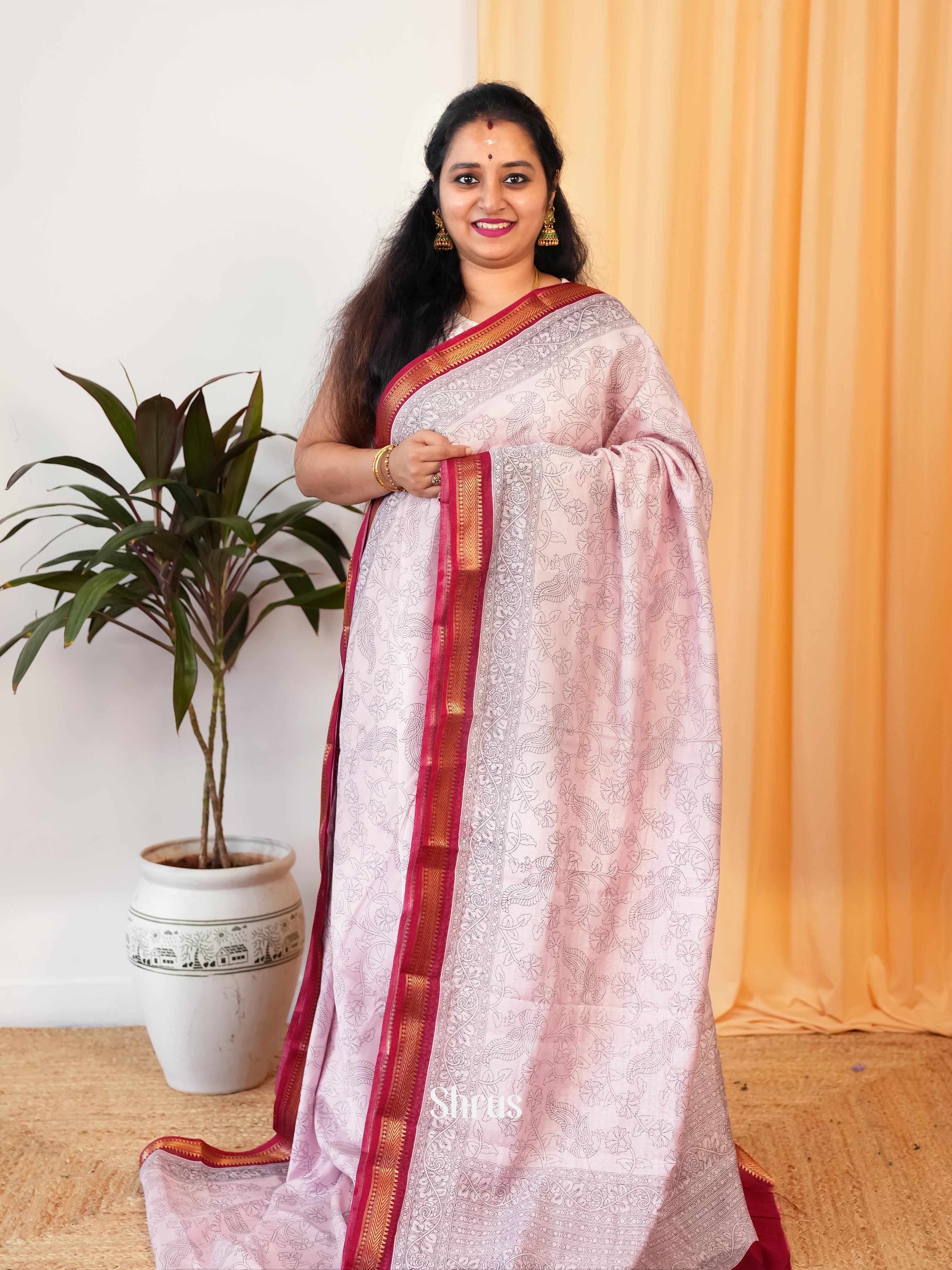 Cream & Red - Art Modal Saree