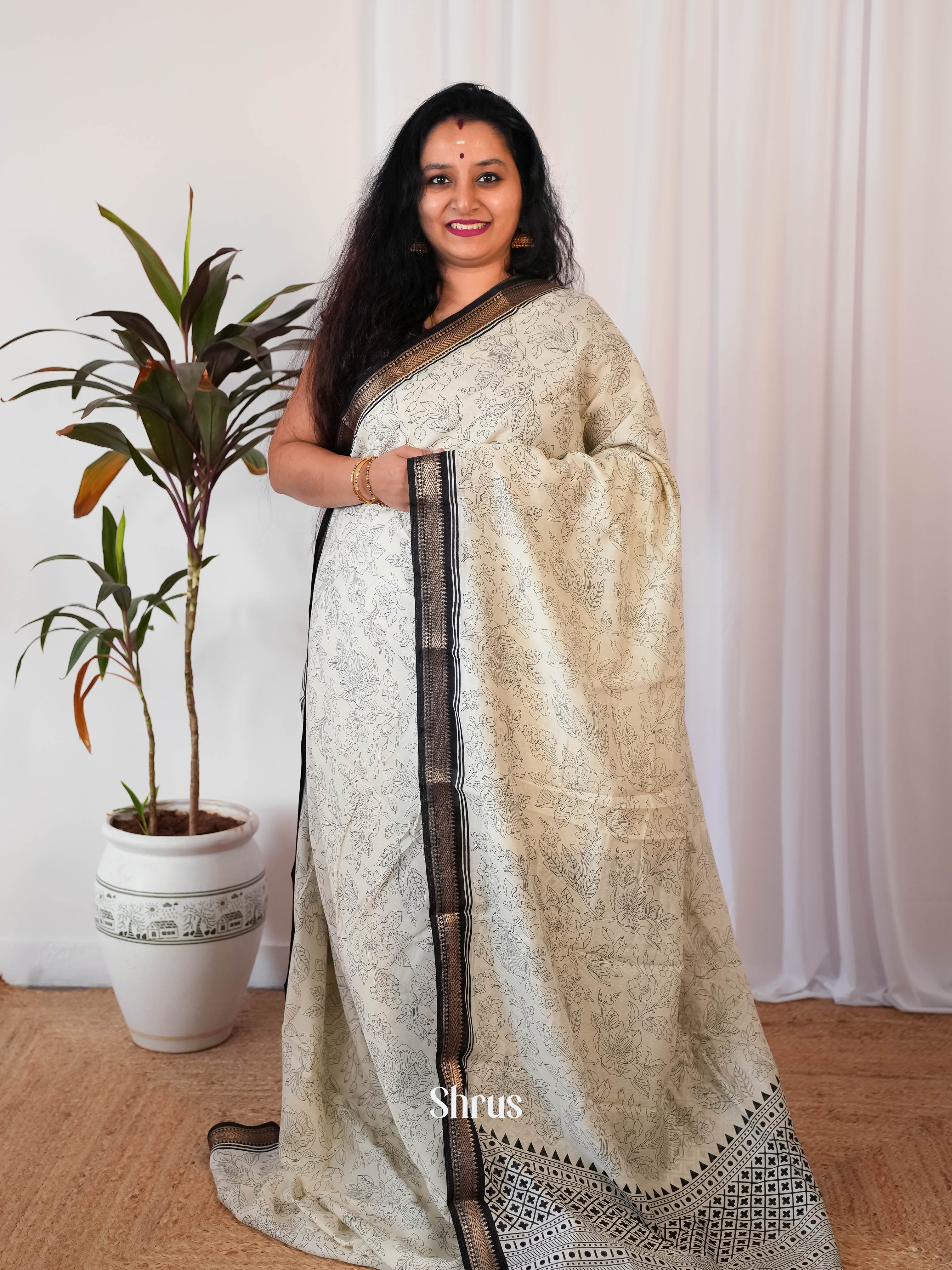 Cream & Black - Art modal Saree