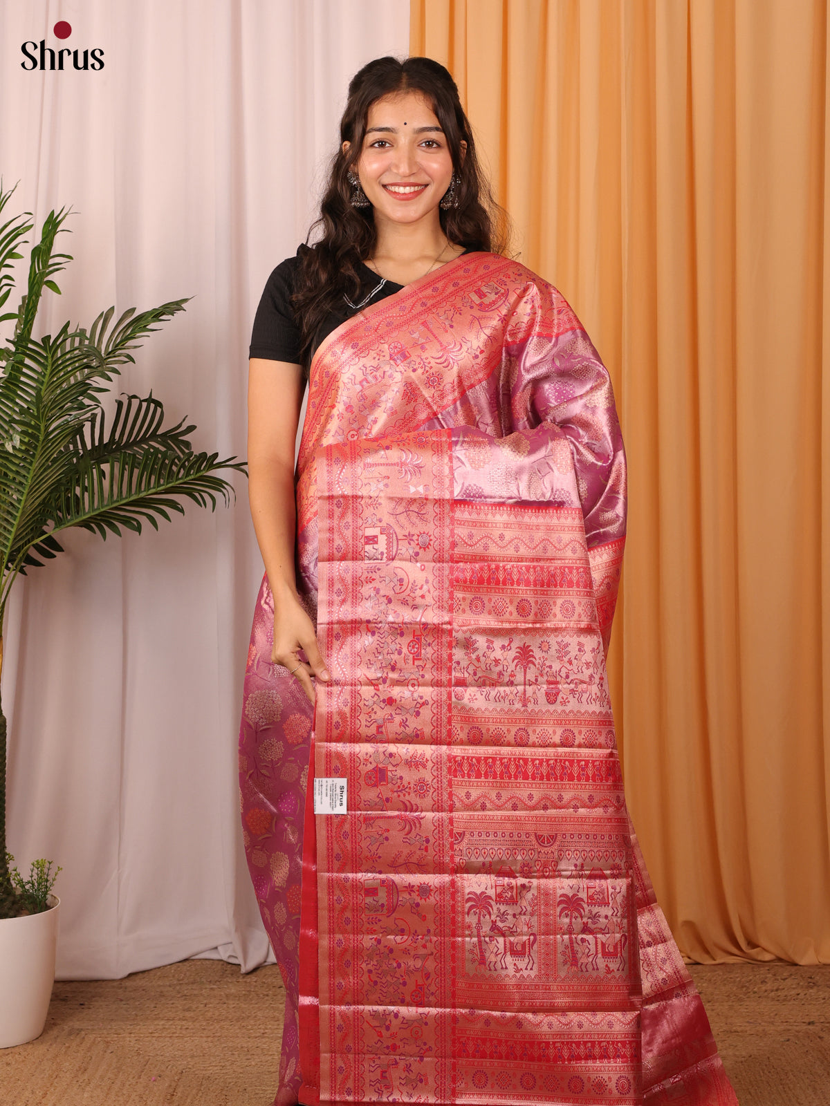 Pink & Red - Kanchipuram-halfpure Saree