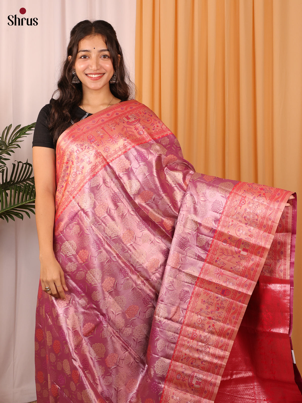 Pink & Red - Kanchipuram-halfpure Saree