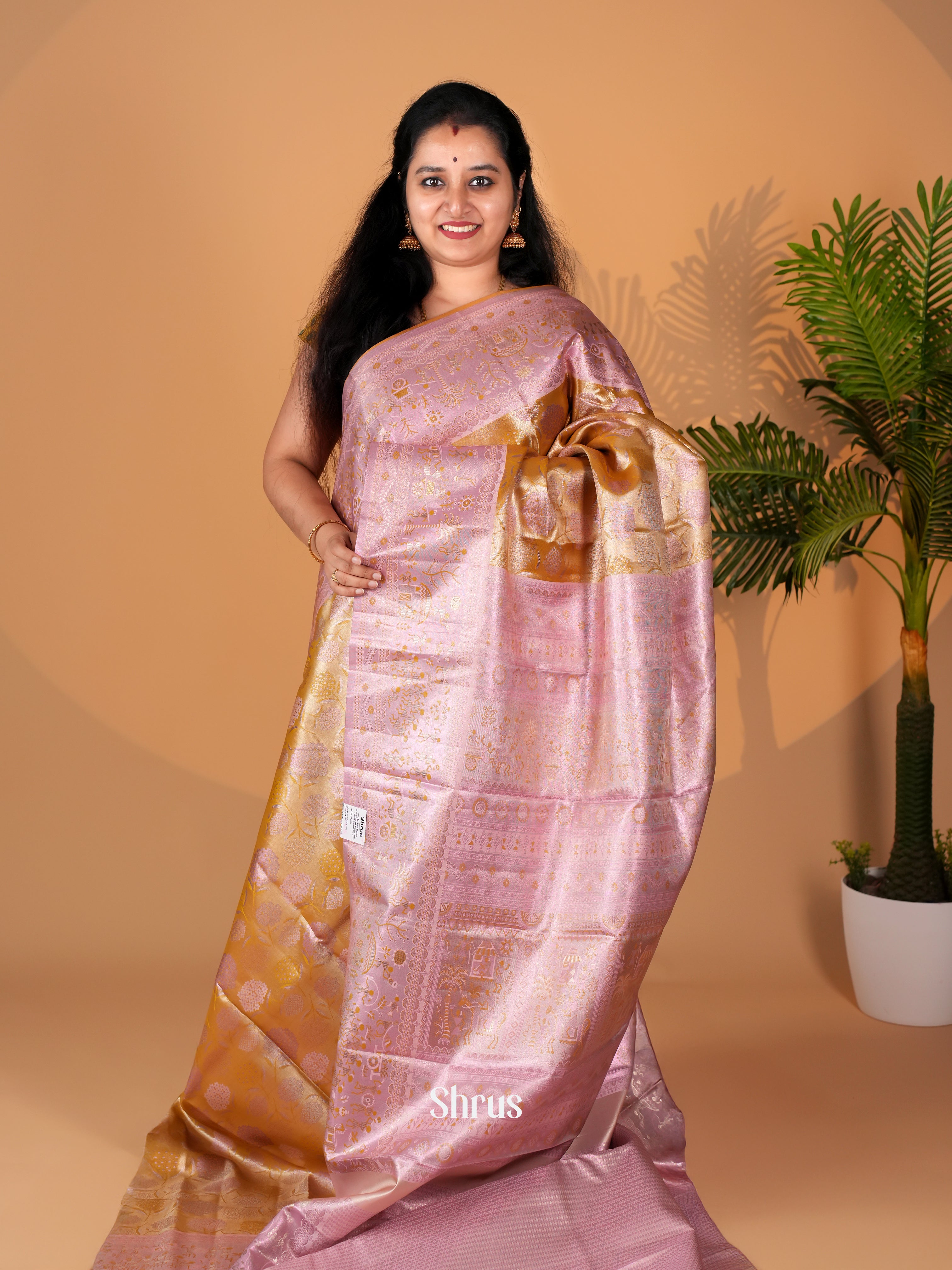 Dark Mustard & Purple- Kanchipuram-halfpure Saree