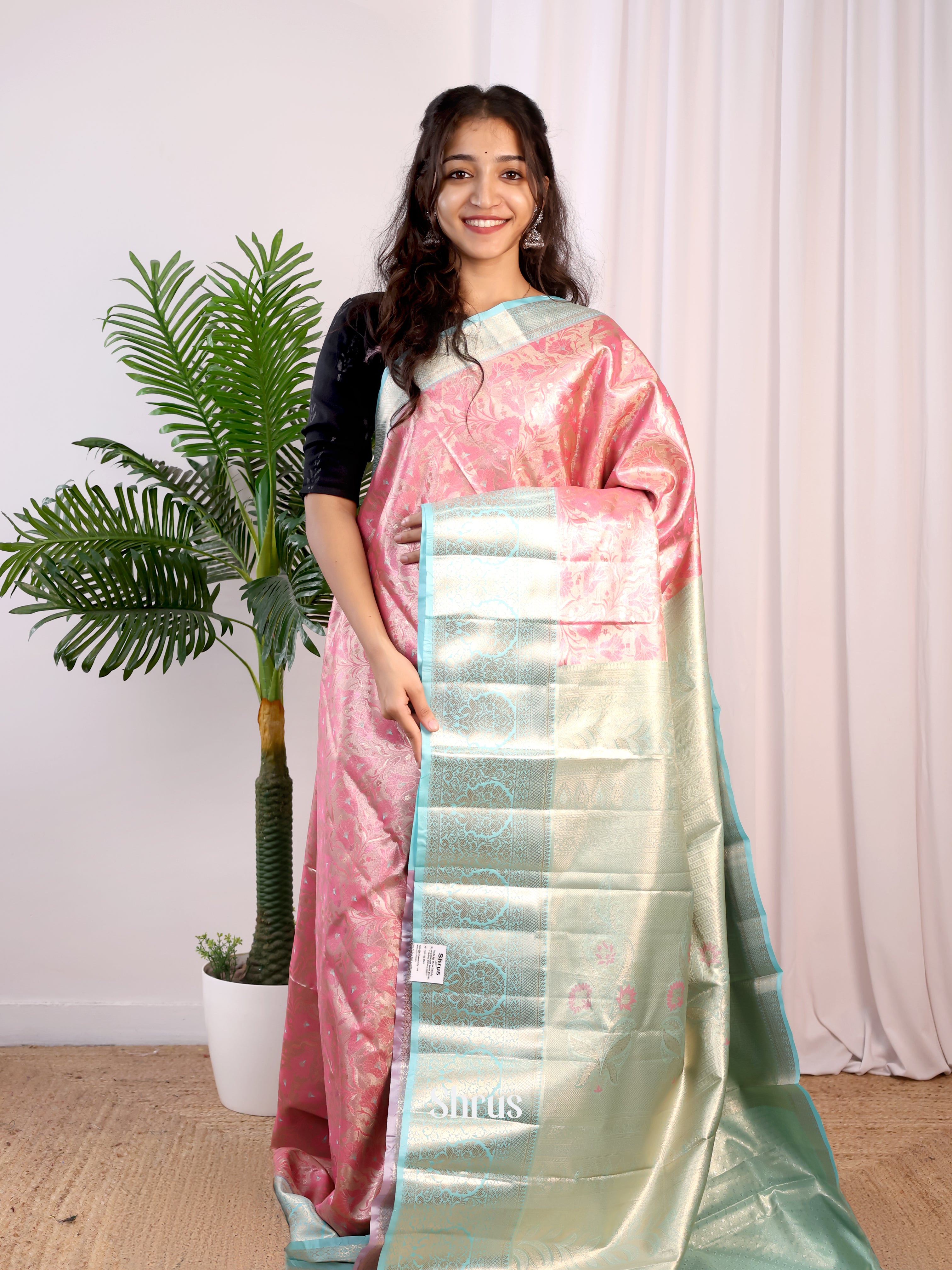 Pink & Ice Blue- Kanchipuram-halfpure Saree