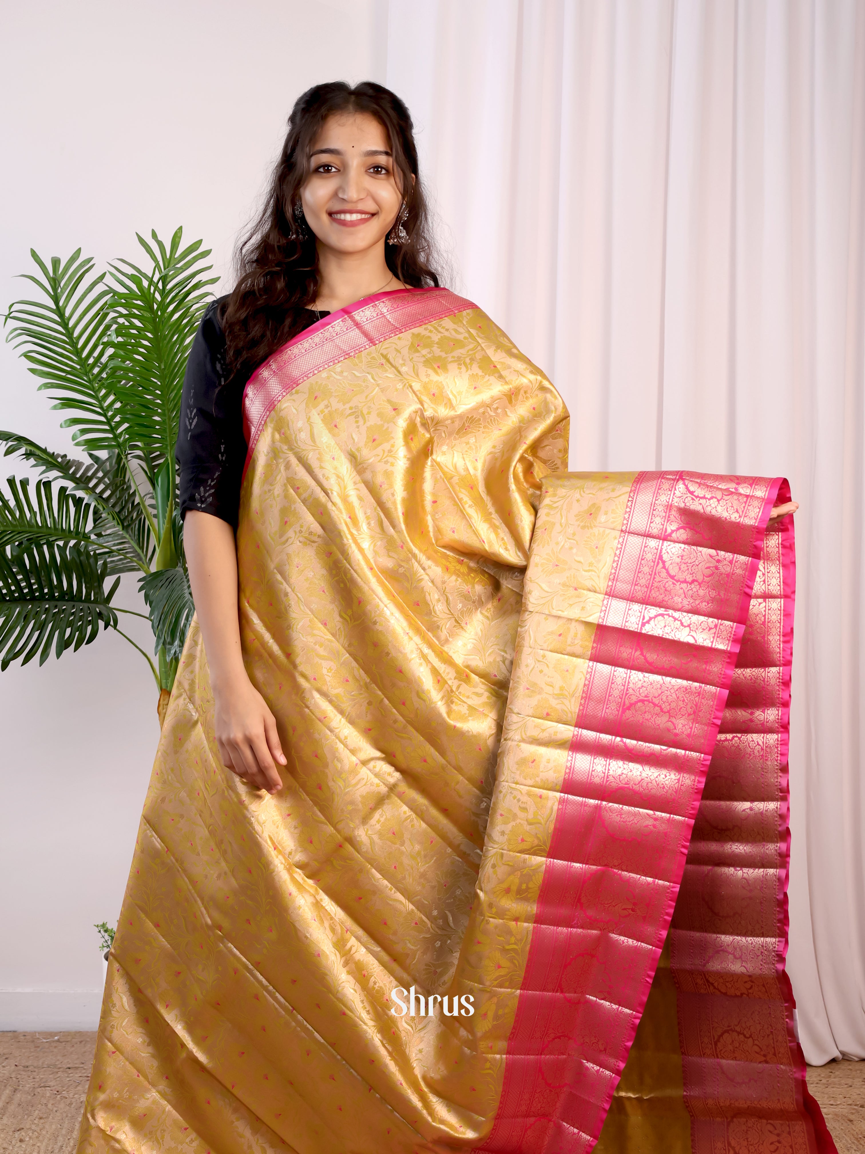 Beige & Pink- Kanchipuram-halfpure Saree