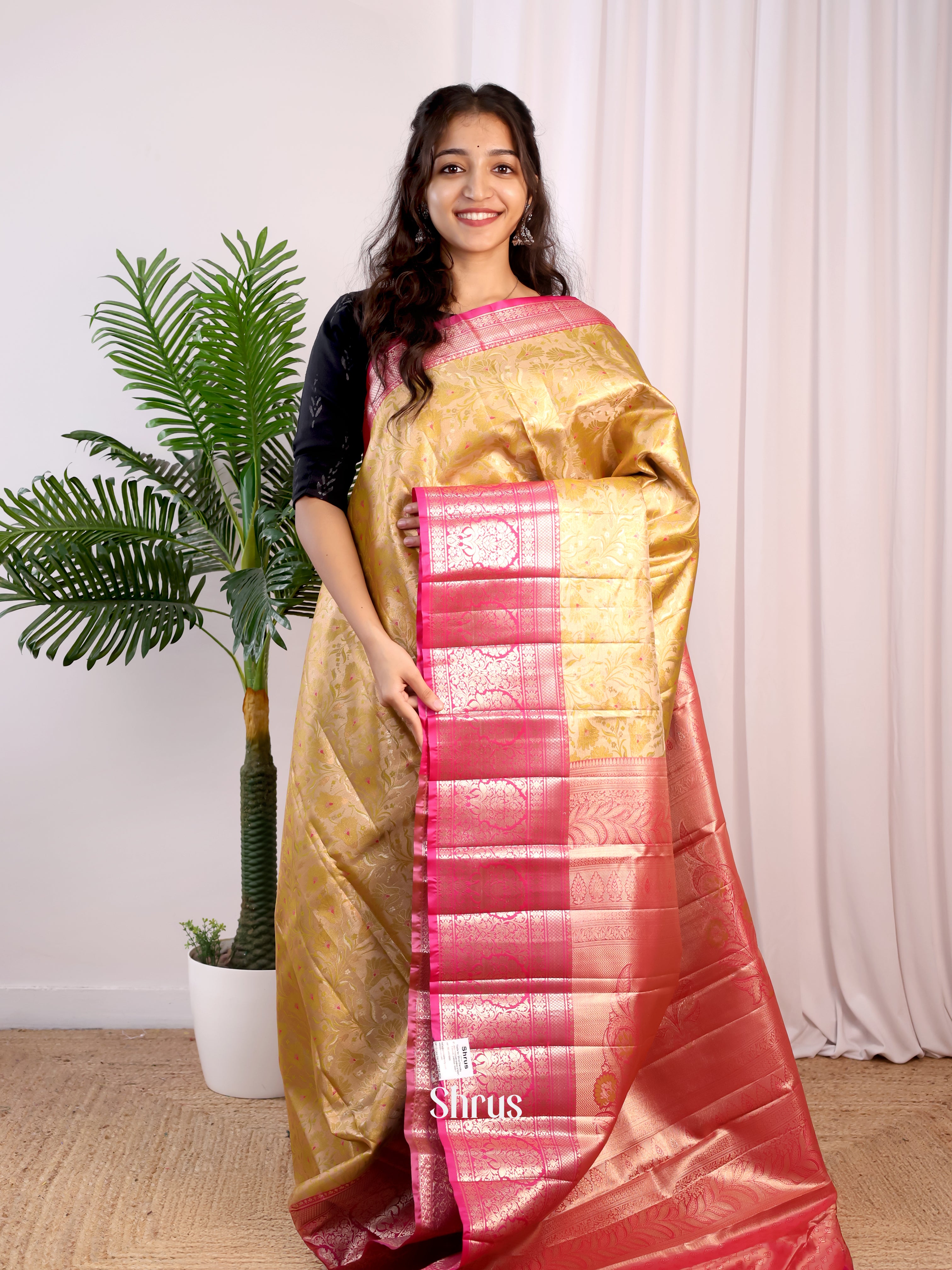 Beige & Pink- Kanchipuram-halfpure Saree