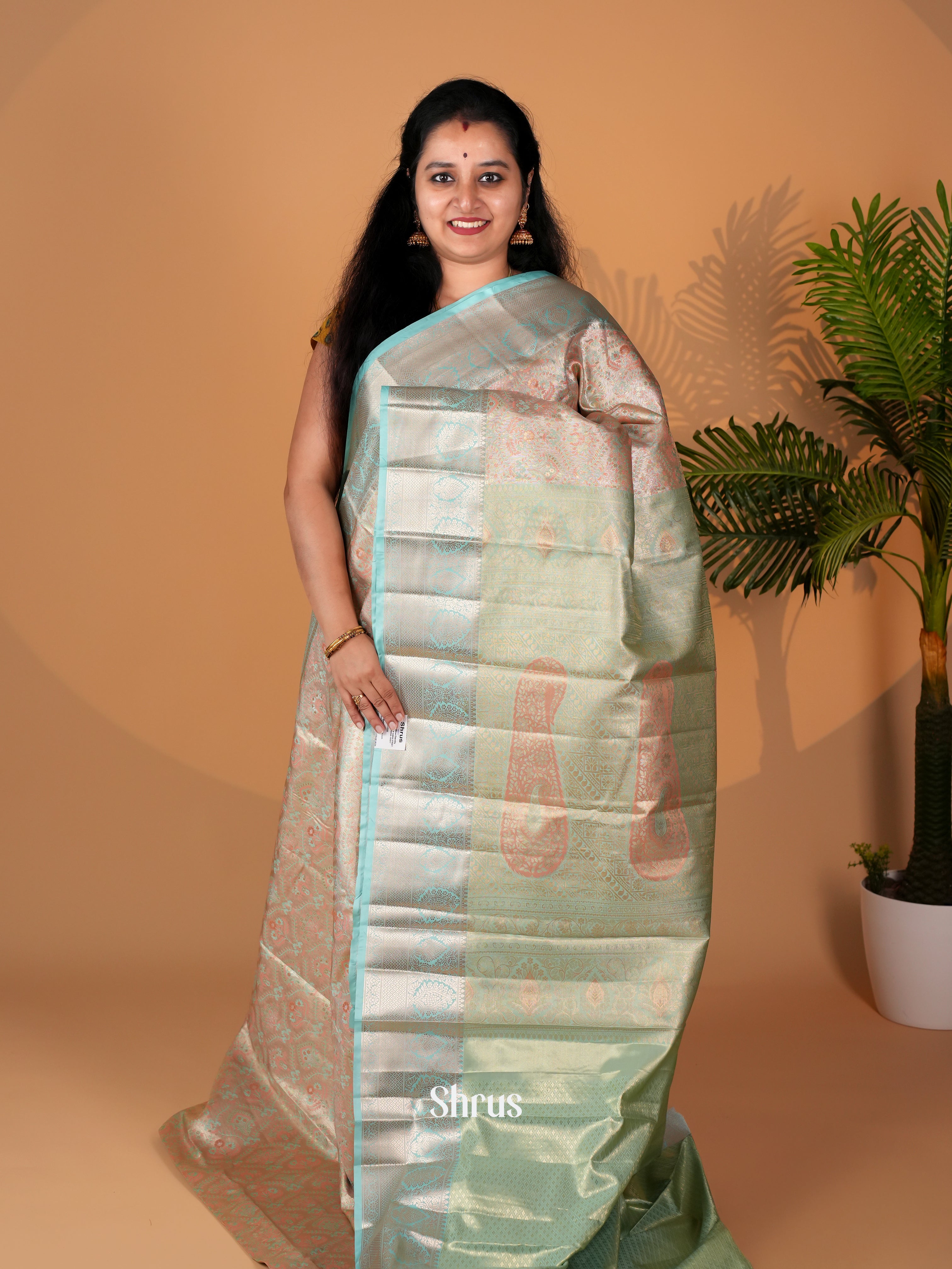 Peach & Green  - Kanchipuram-halfpure Saree