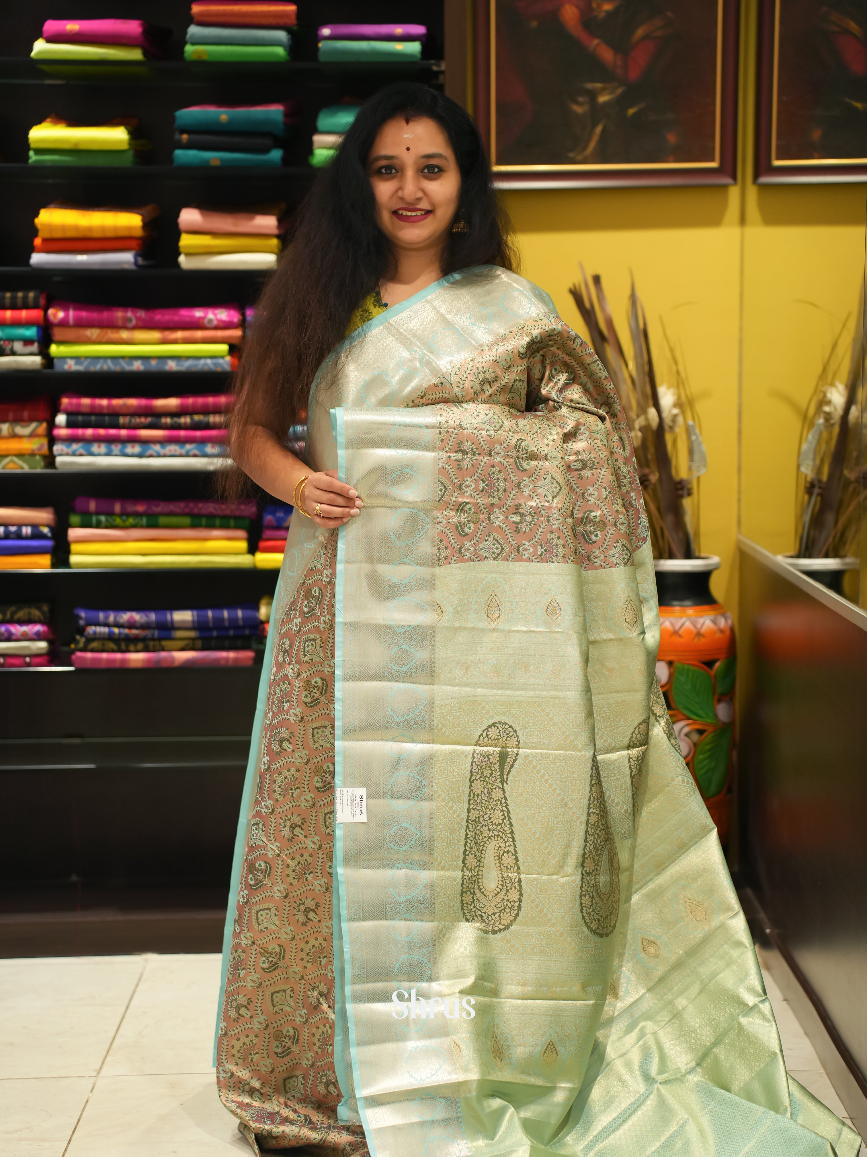 Dusty Pink & Green- Kanchipuram-halfpure Saree