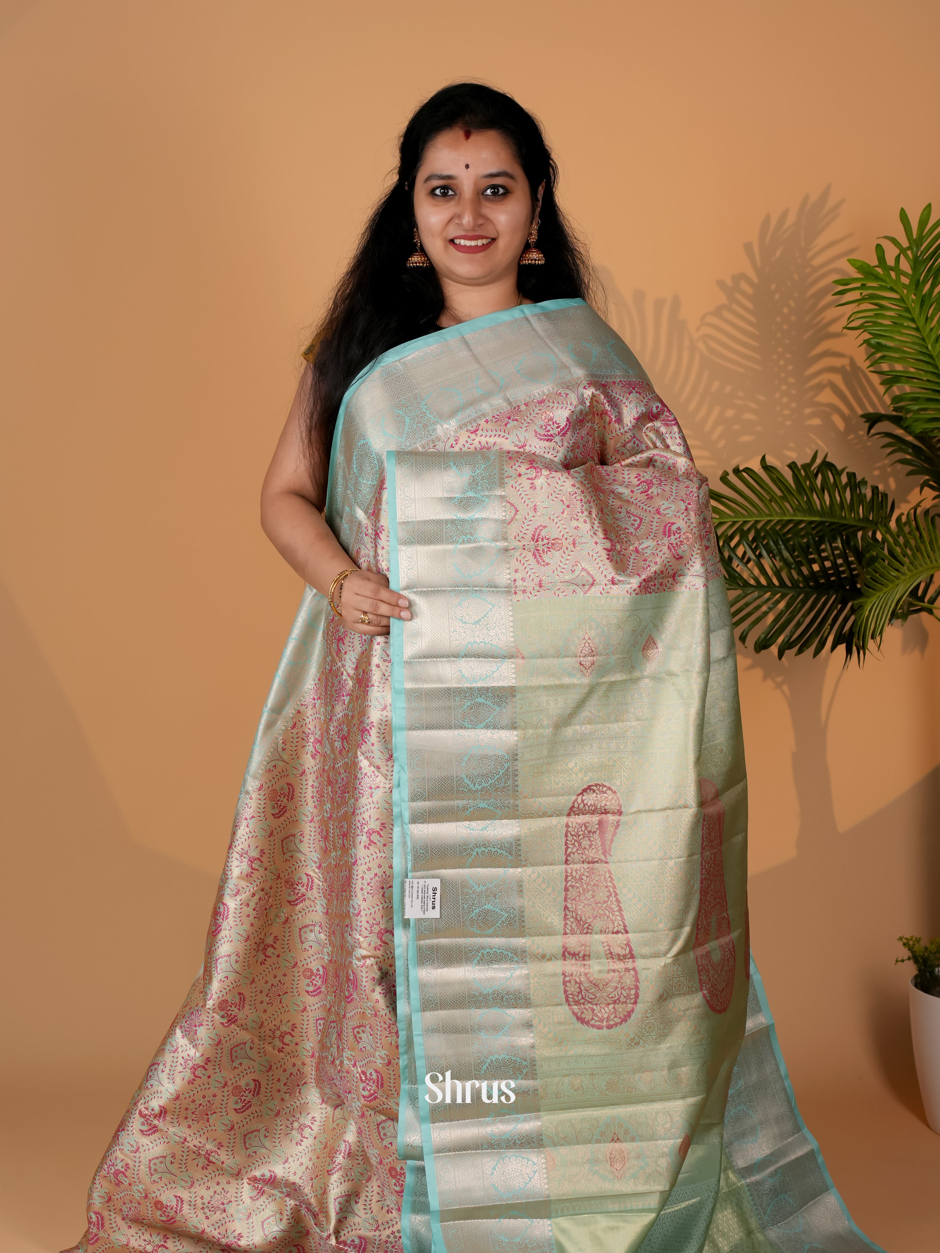 Peach & Green - Kanchipuram-halfpure Saree