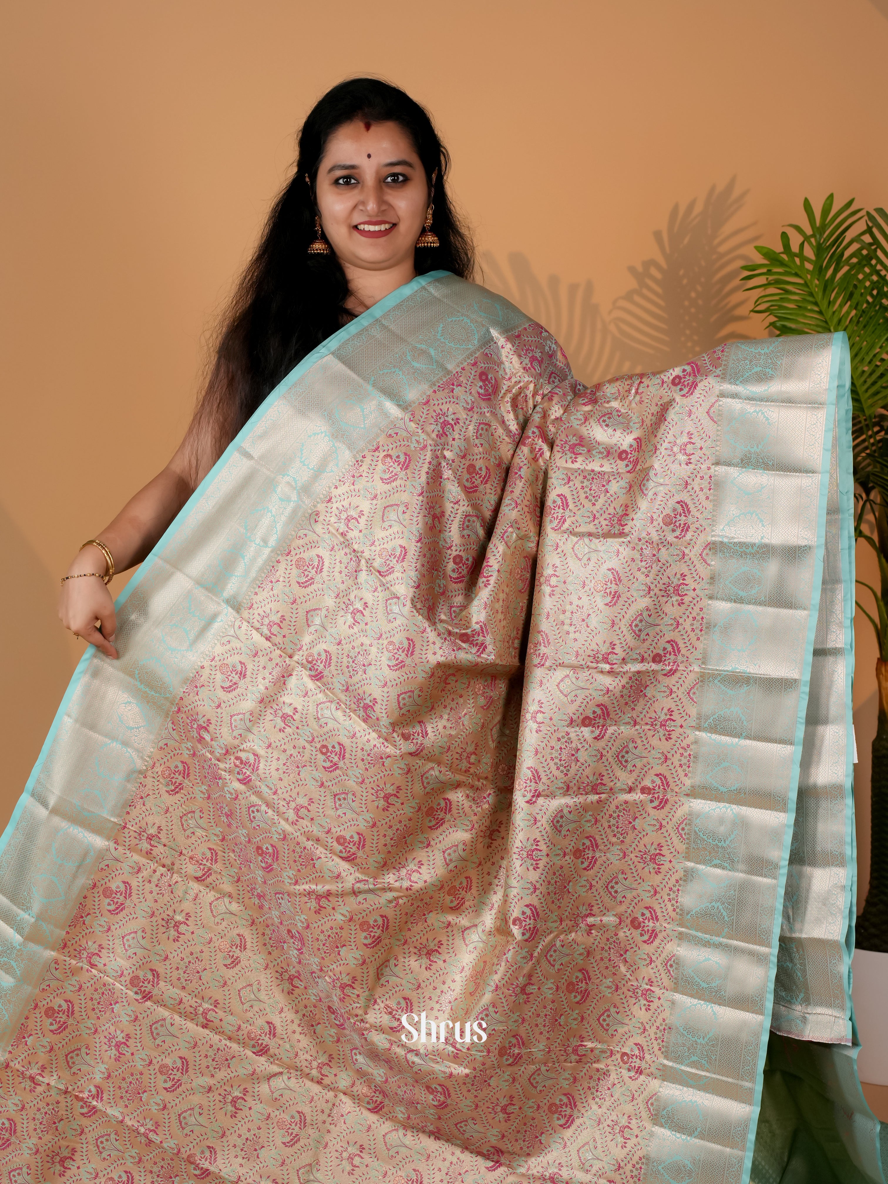 Peach & Green - Kanchipuram-halfpure Saree