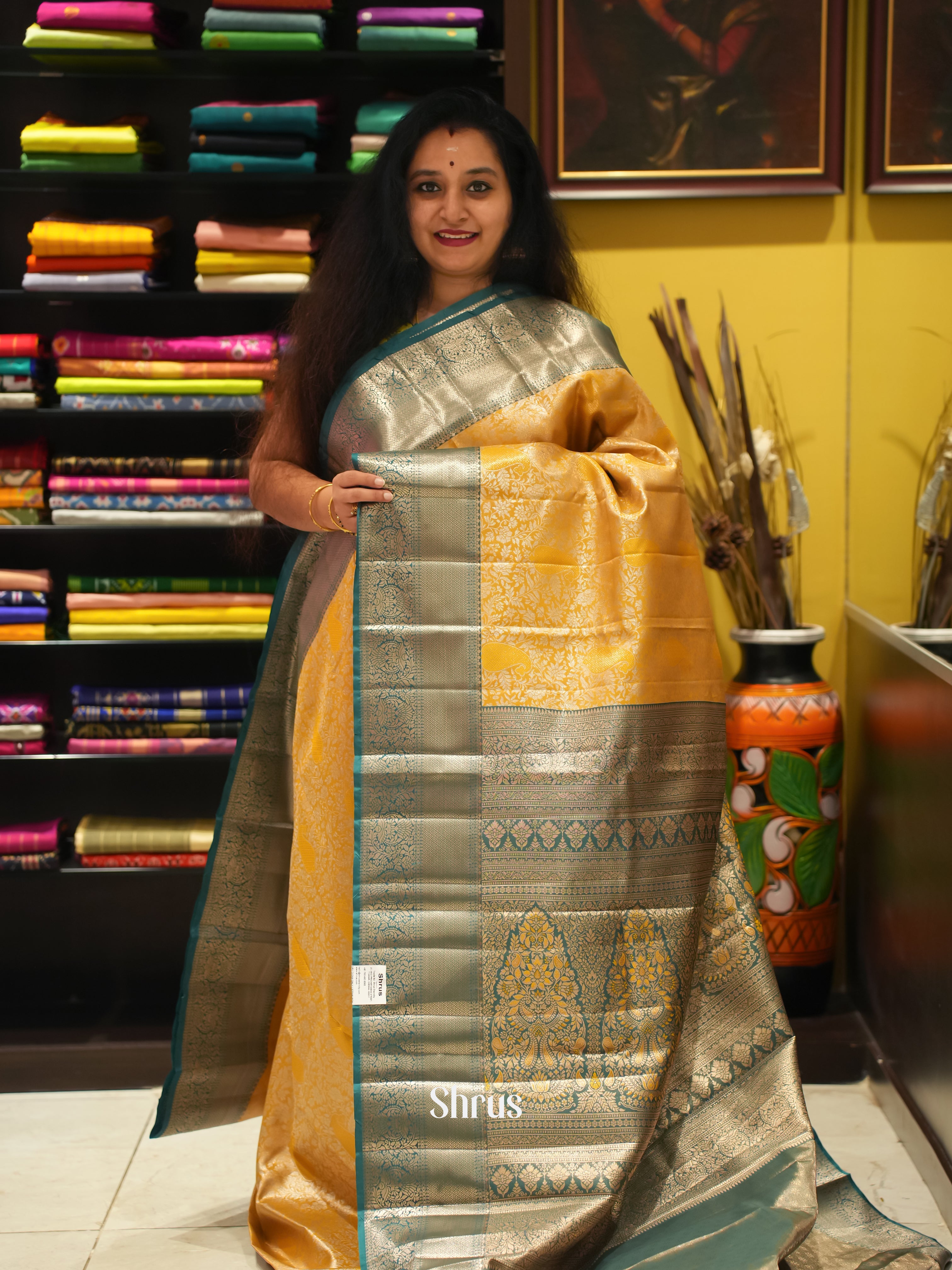 Mustard & Green - Kanchipuram-halfpure Saree