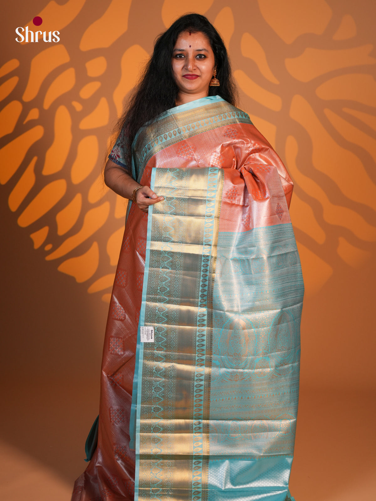 Peach & Blue- Kanchipuram-halfpure Saree