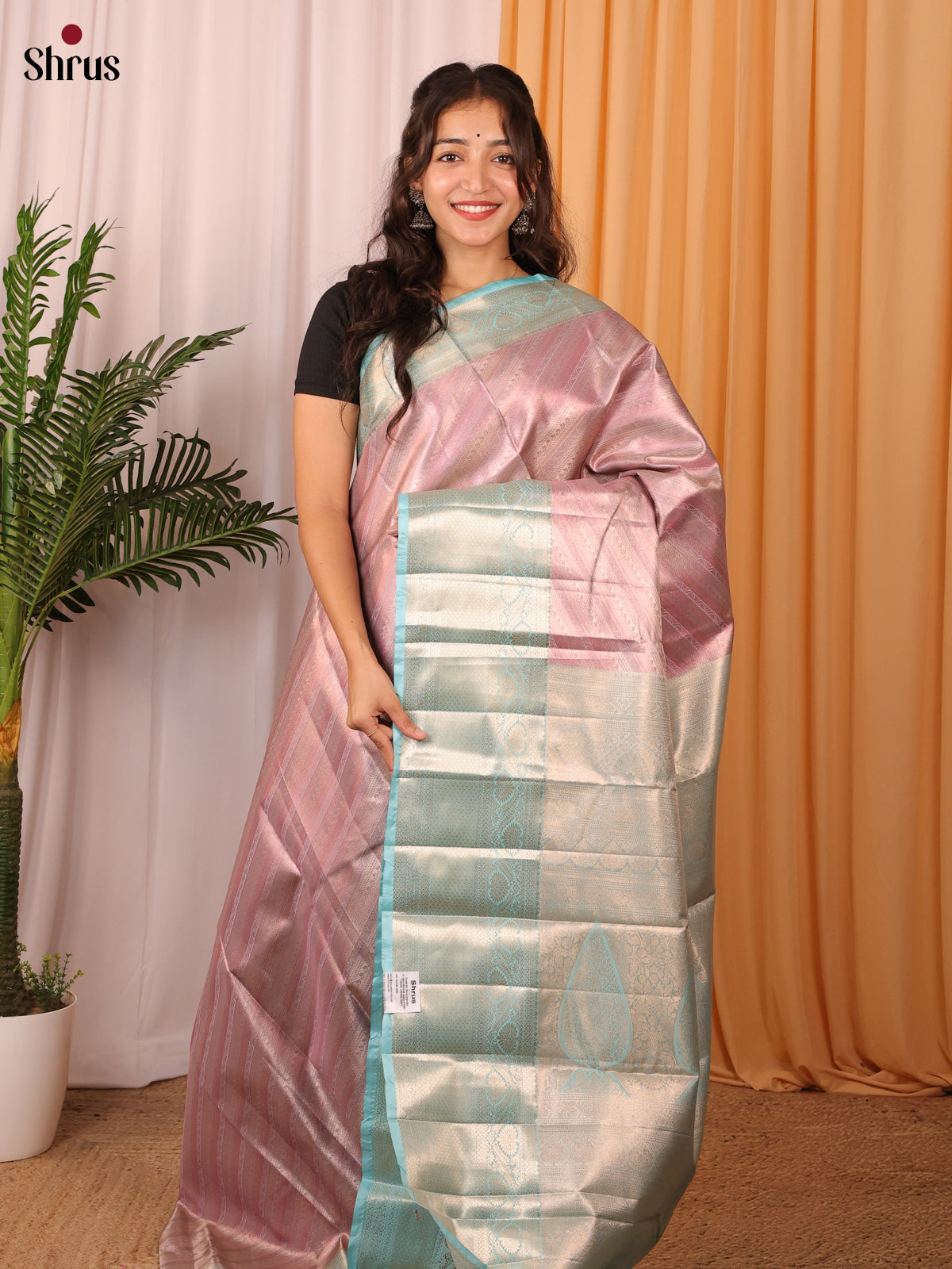 Pastel Pink & Blue - Kanchipuram-halfpure Saree