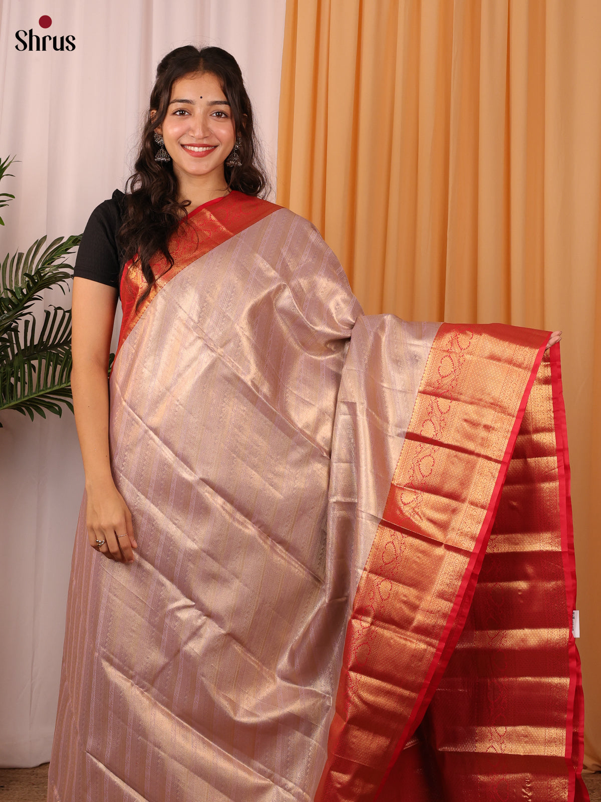 Beige & Red - Kanchipuram-halfpure Saree