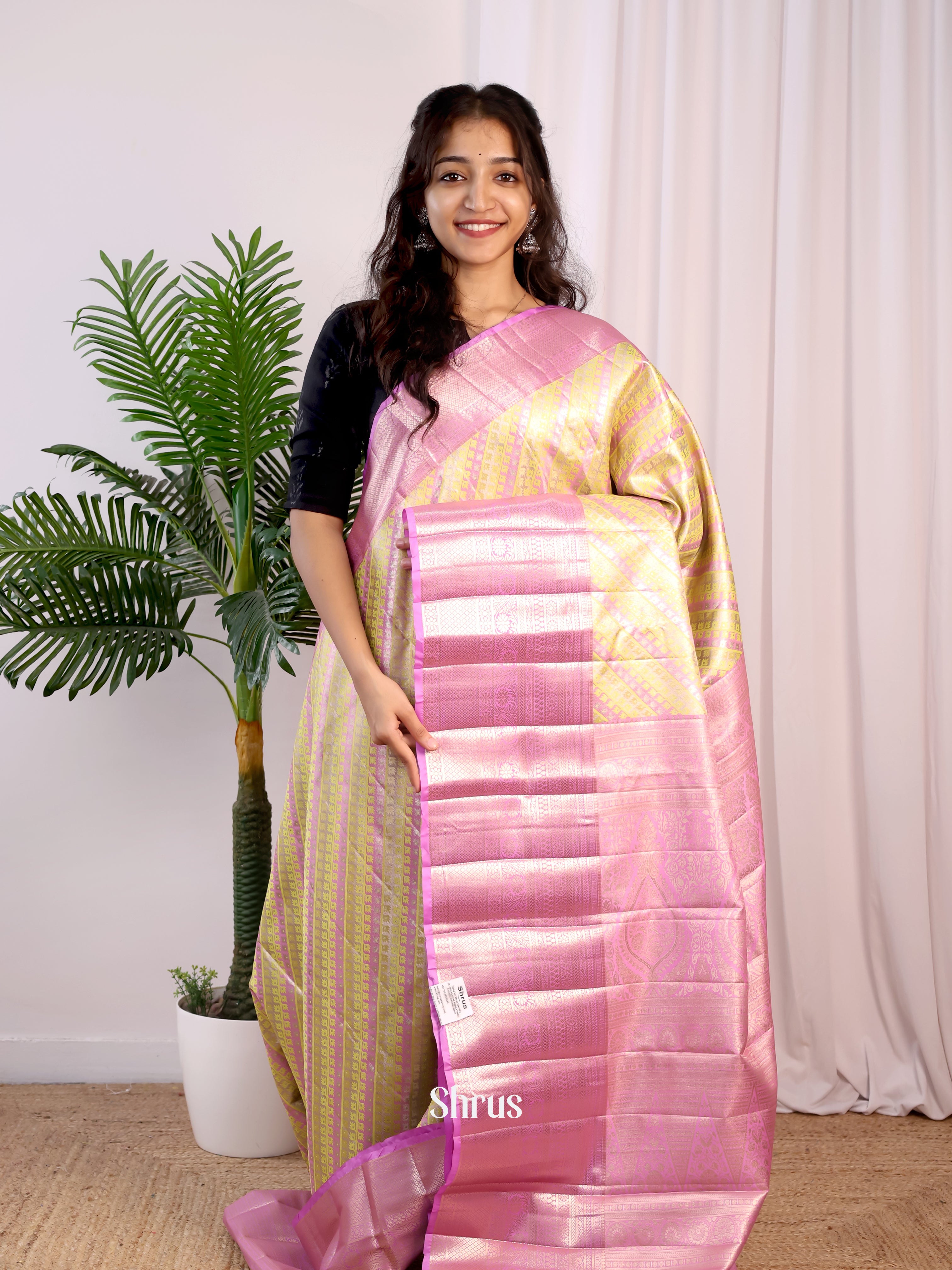 Yellow & Purple - Kanchipuram-halfpure Saree