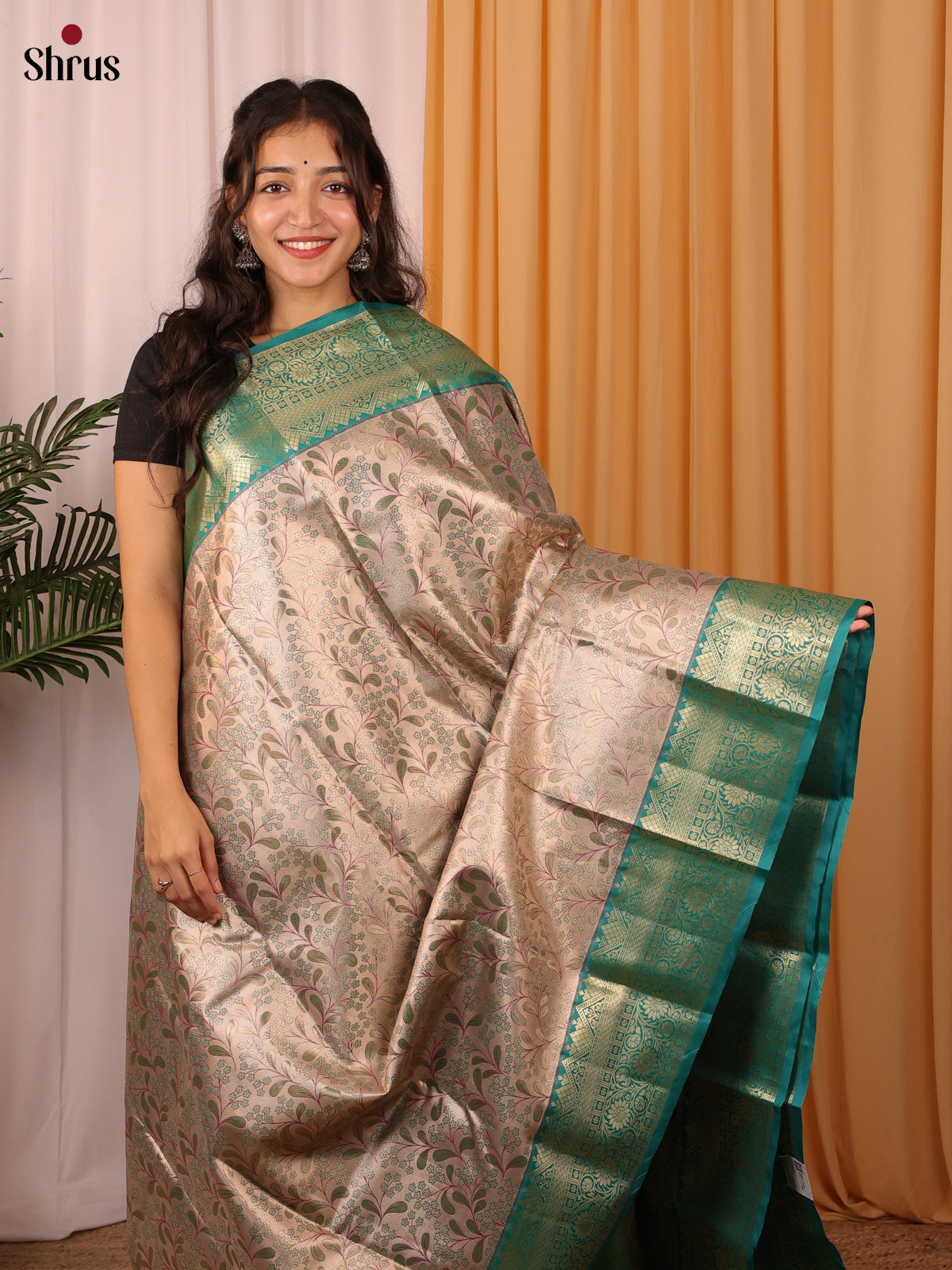 Beige & Green - Kanchipuram-halfpure Saree