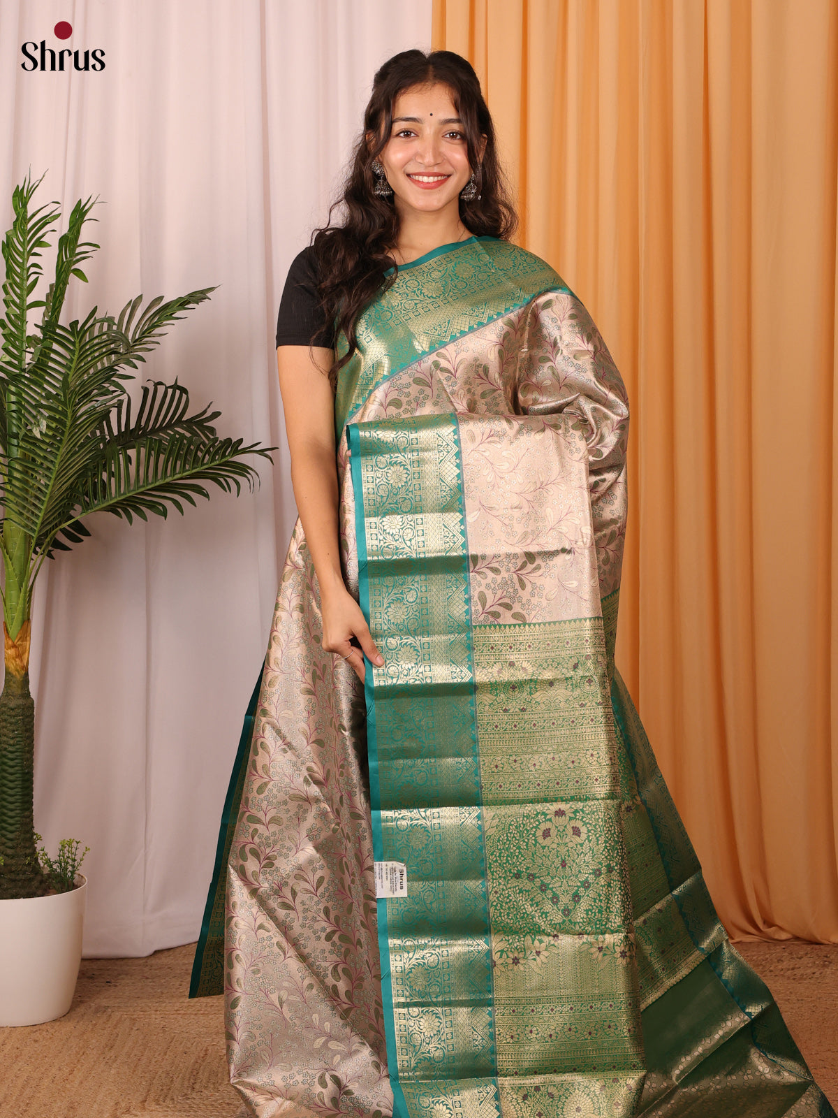 Beige & Green - Kanchipuram-halfpure Saree