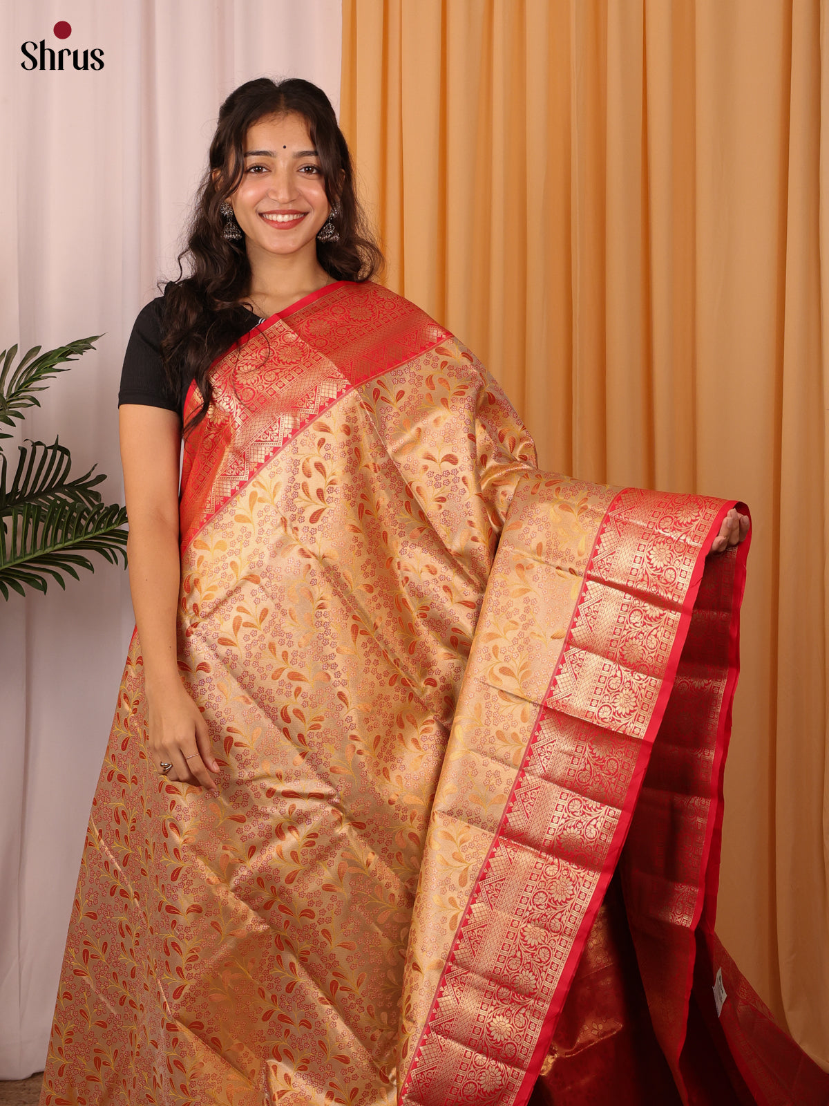 Pale Orange & Red - Kanchipuram-halfpure Saree