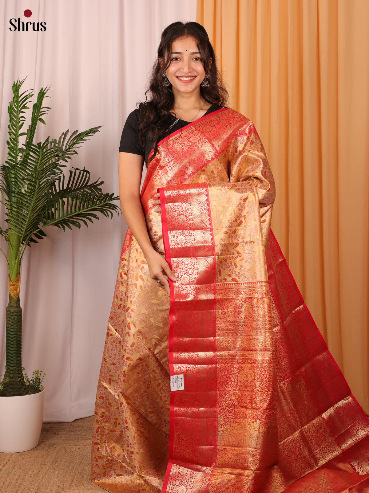 Pale Orange & Red - Kanchipuram-halfpure Saree