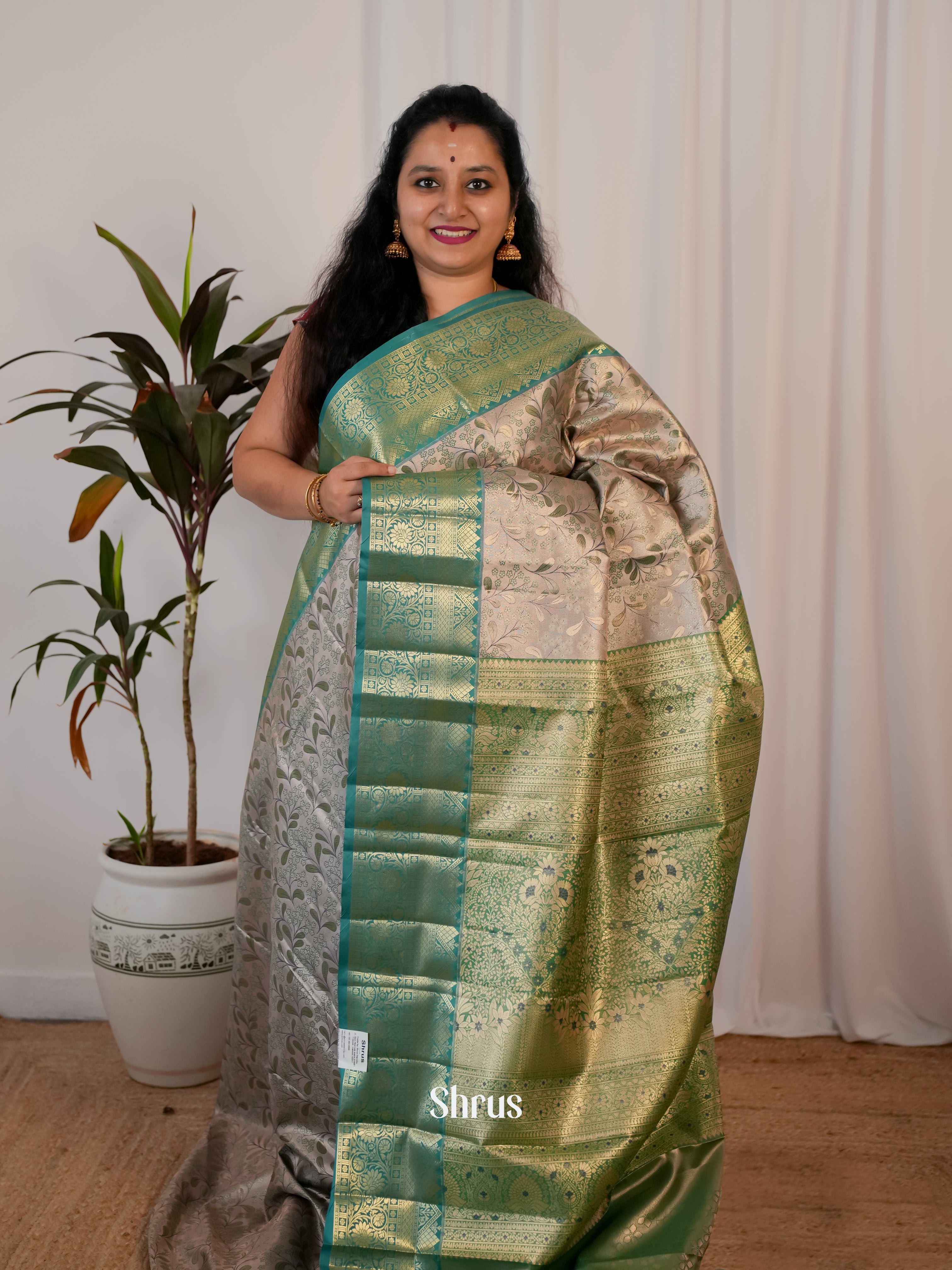 Grey & Green - Kanchipuram-halfpure Saree