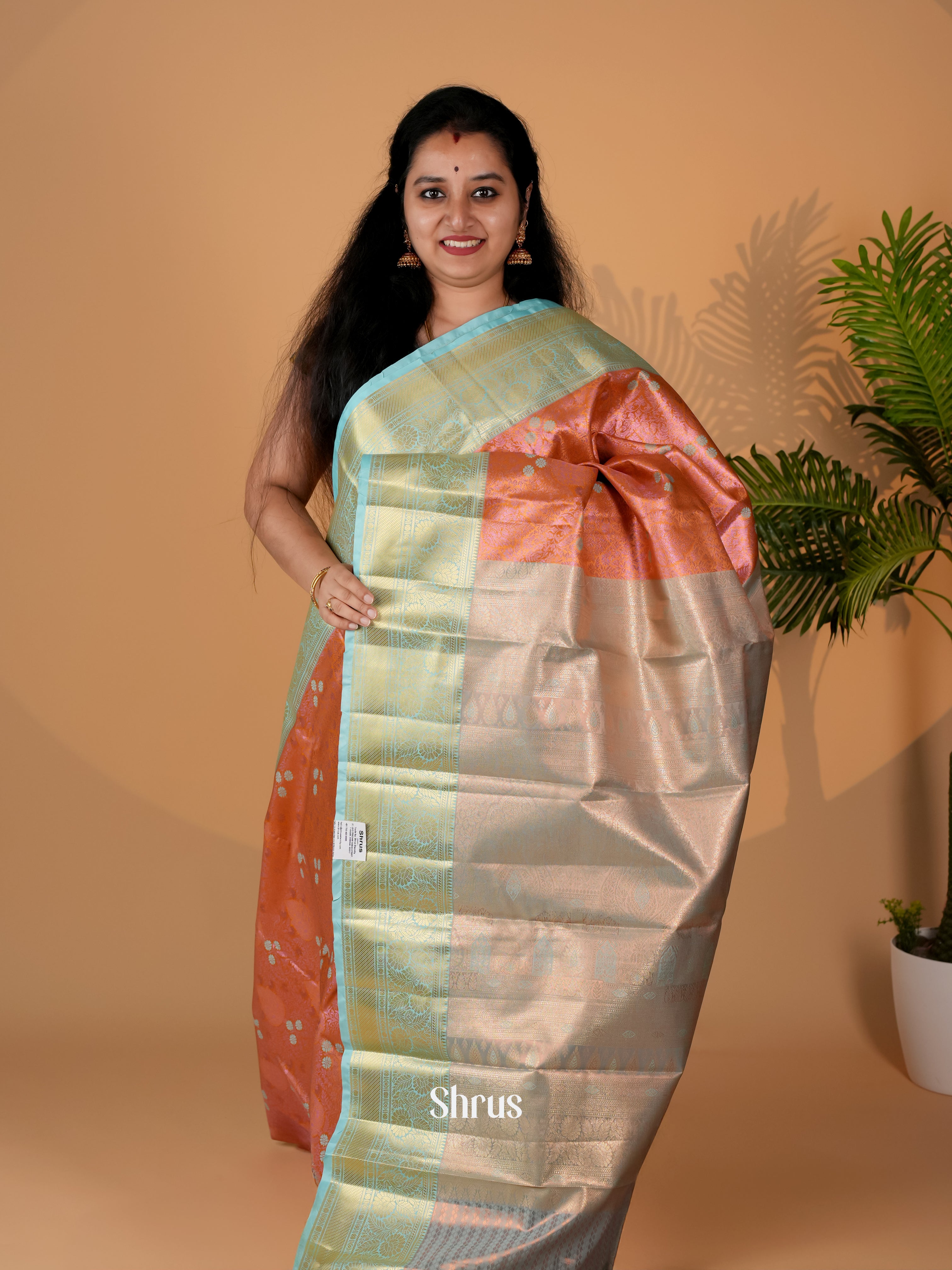 Rust & Blue - Kanchipuram-halfpure Saree