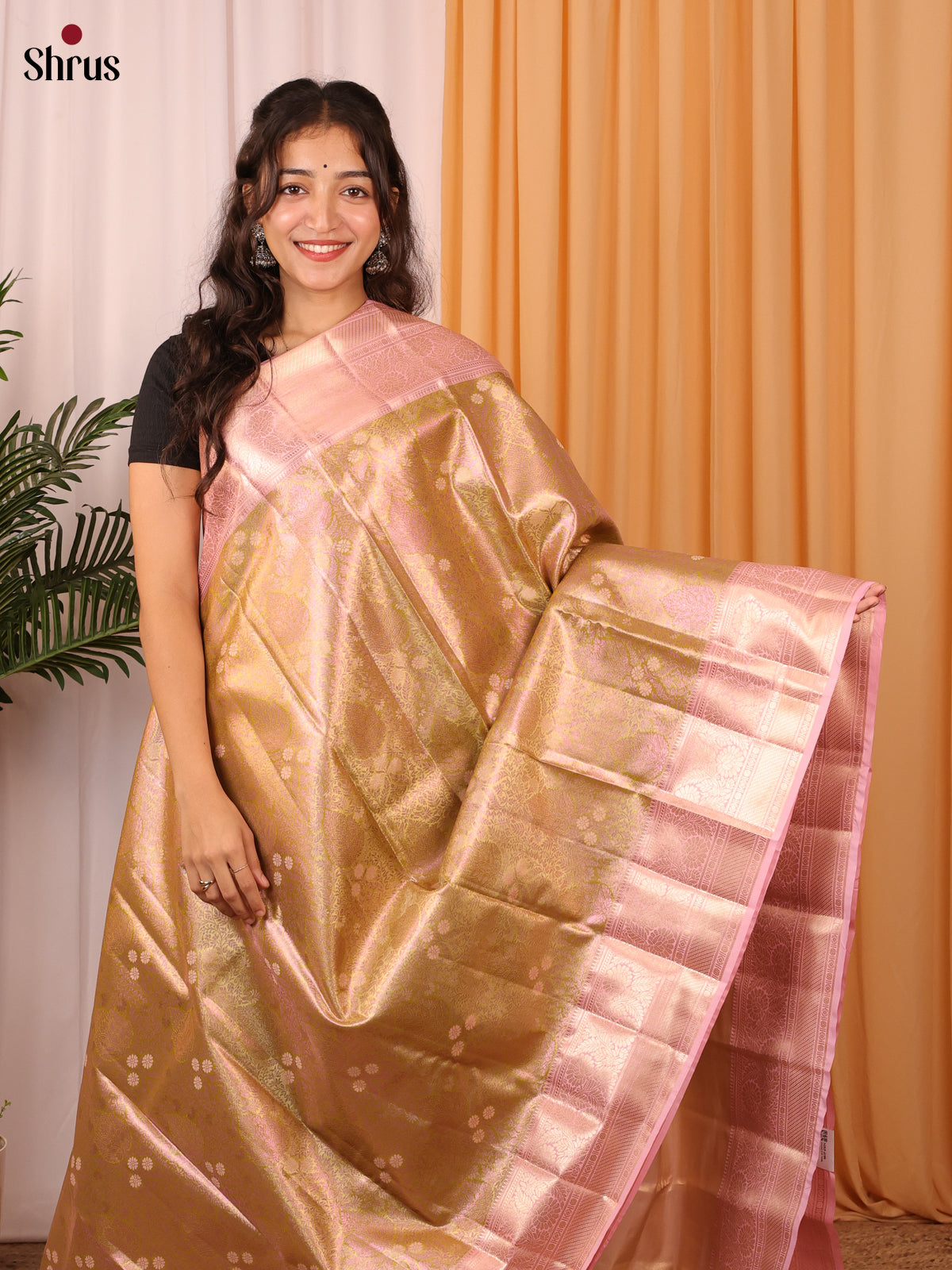 Beige & Pink - Kanchipuram-halfpure Saree