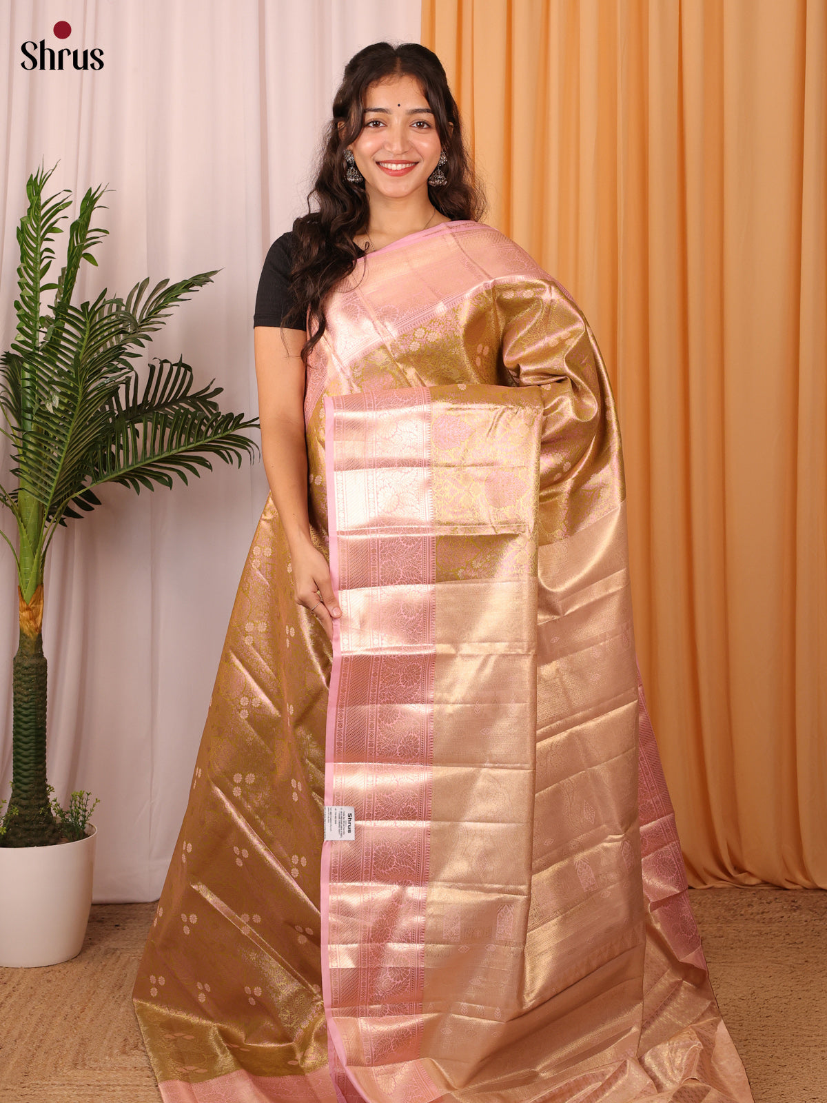 Beige & Pink - Kanchipuram-halfpure Saree