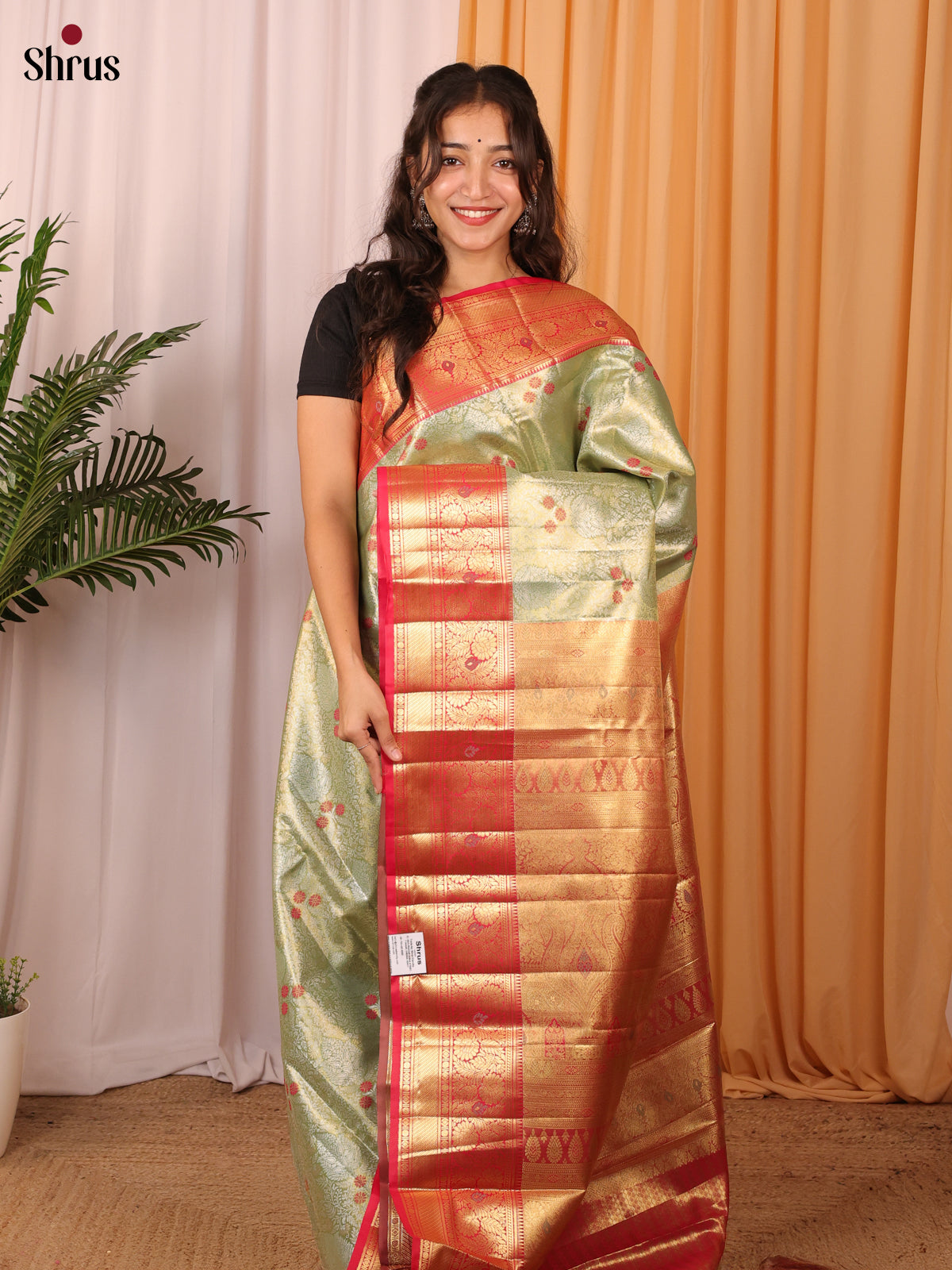 Green & Red - Kanchipuram-halfpure Saree