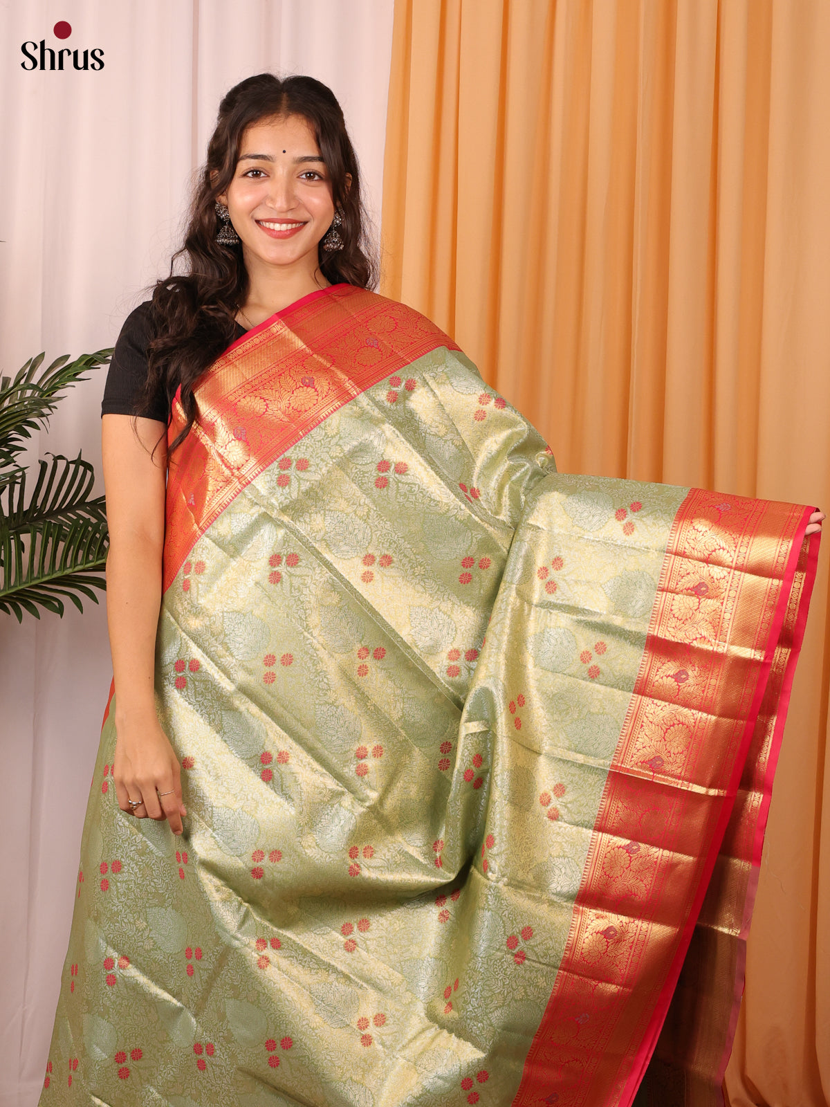 Green & Red - Kanchipuram-halfpure Saree