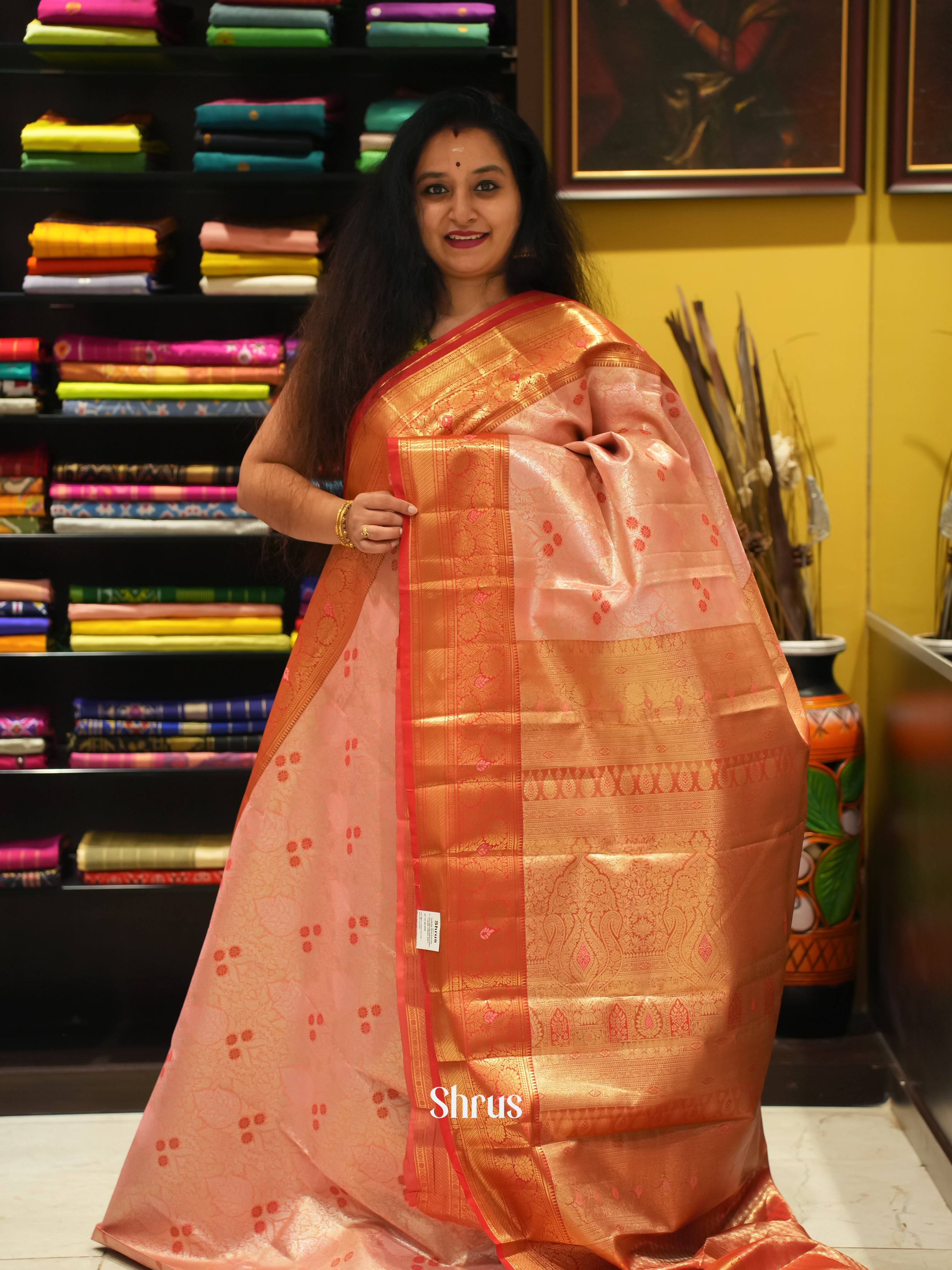 Peachish Pink & Red - Kanchipuram-halfpure Saree