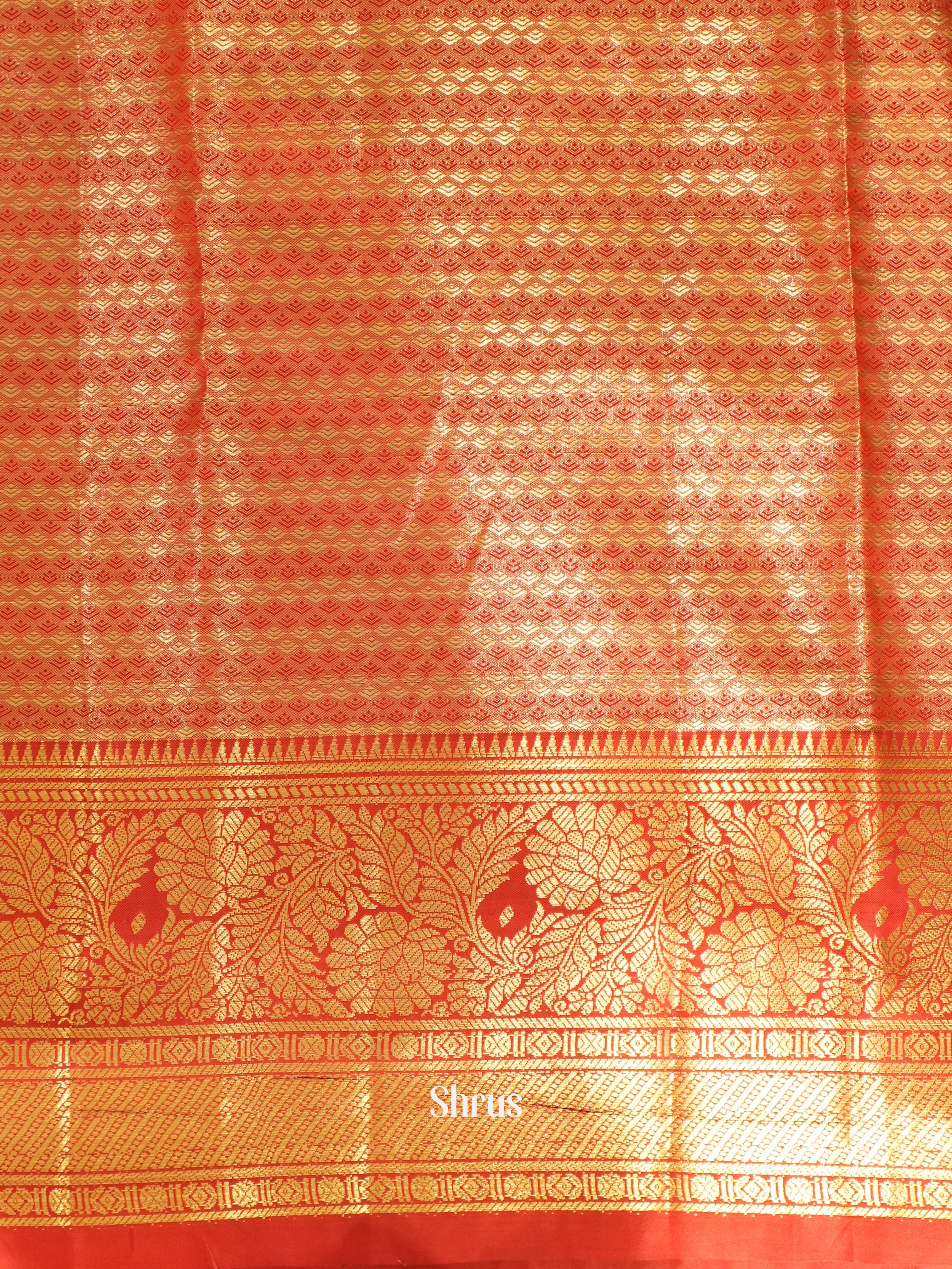 Peachish Pink & Red - Kanchipuram-halfpure Saree