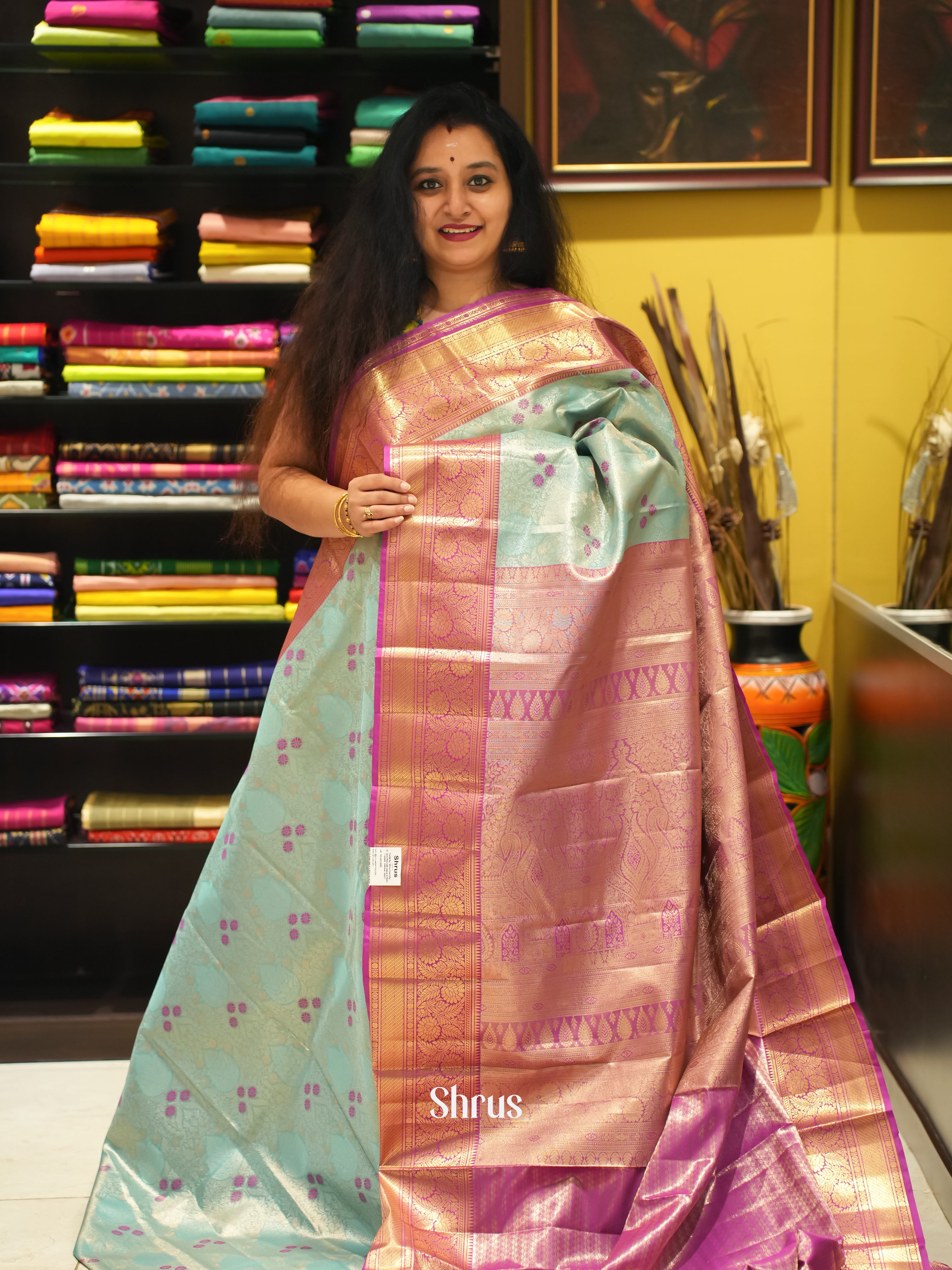 Teal  & Pink - Kanchipuram-halfpure Saree