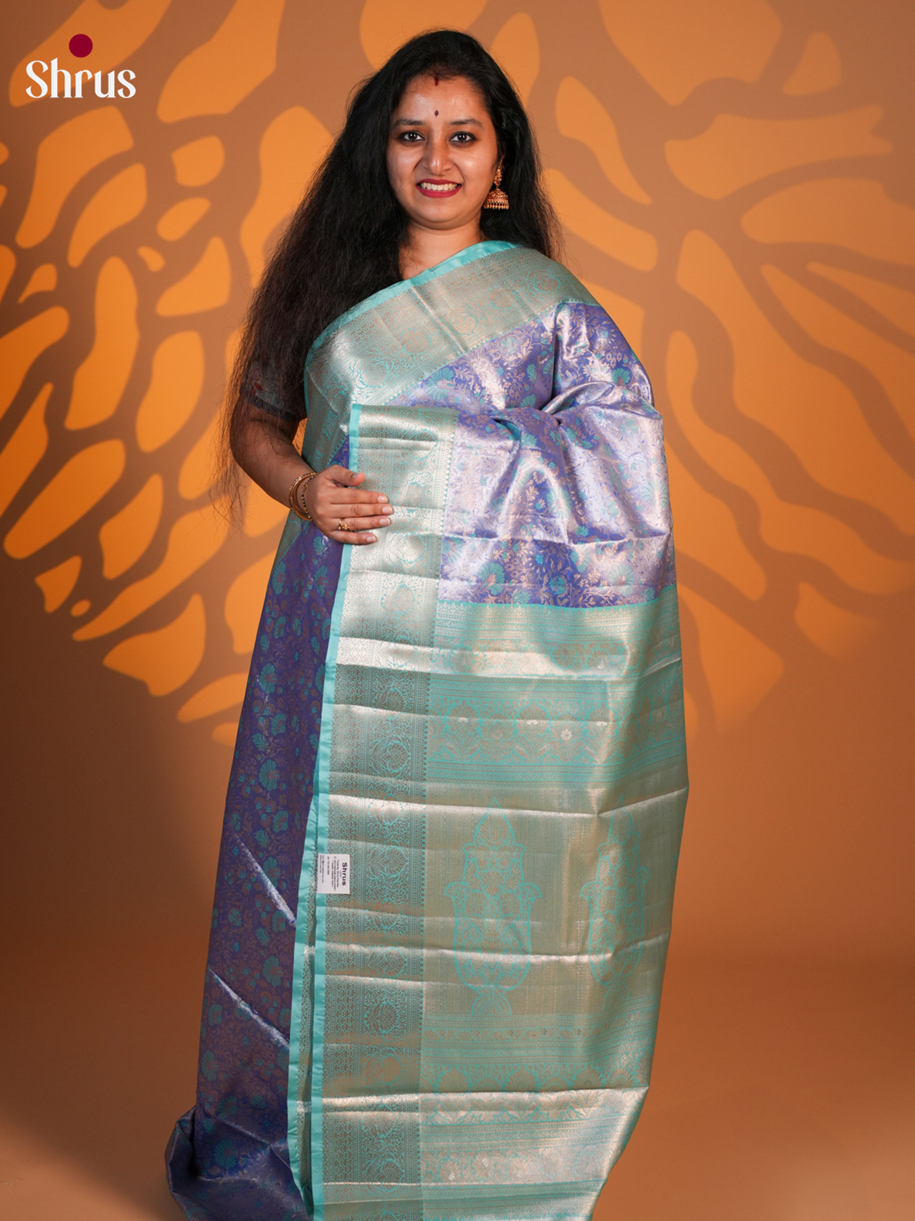 Purple & Teal - Kanchipuram-halfpure Saree