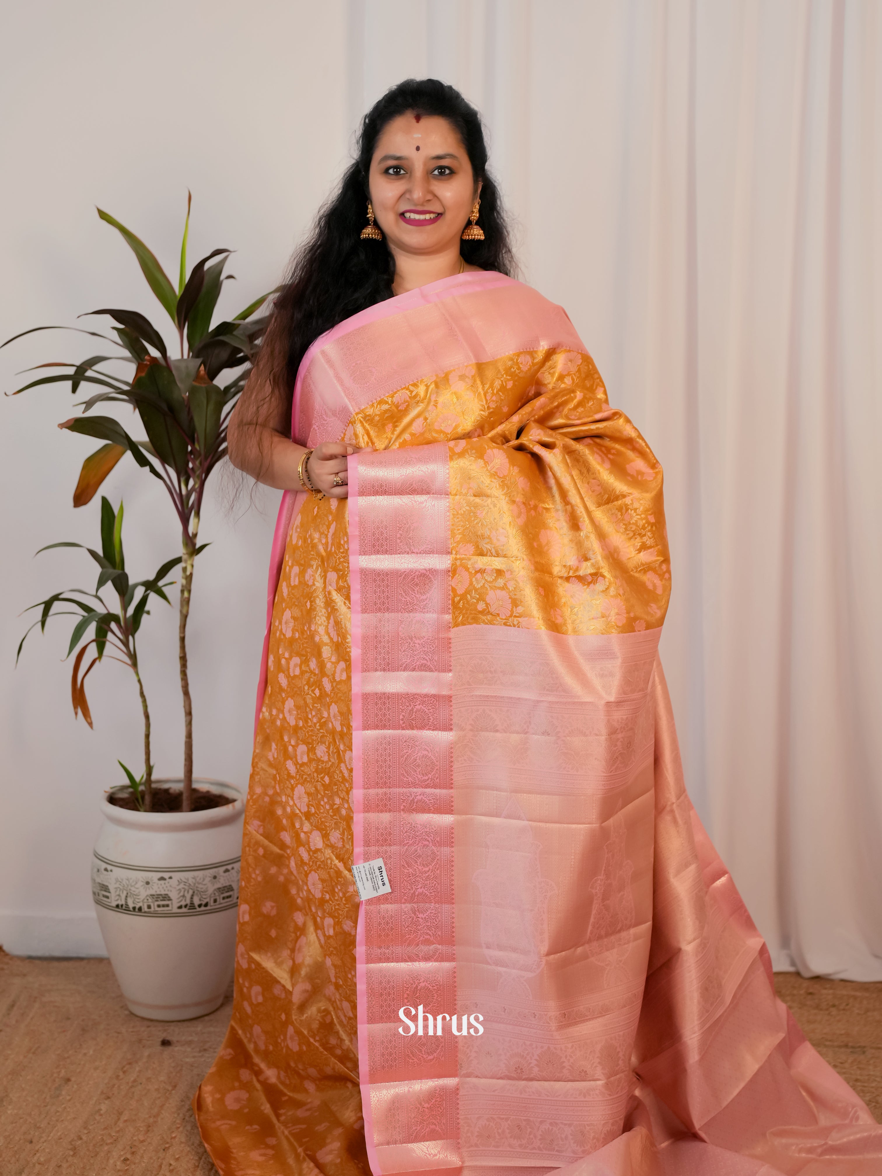 Orange & Pink  - Kanchipuram-halfpure Saree