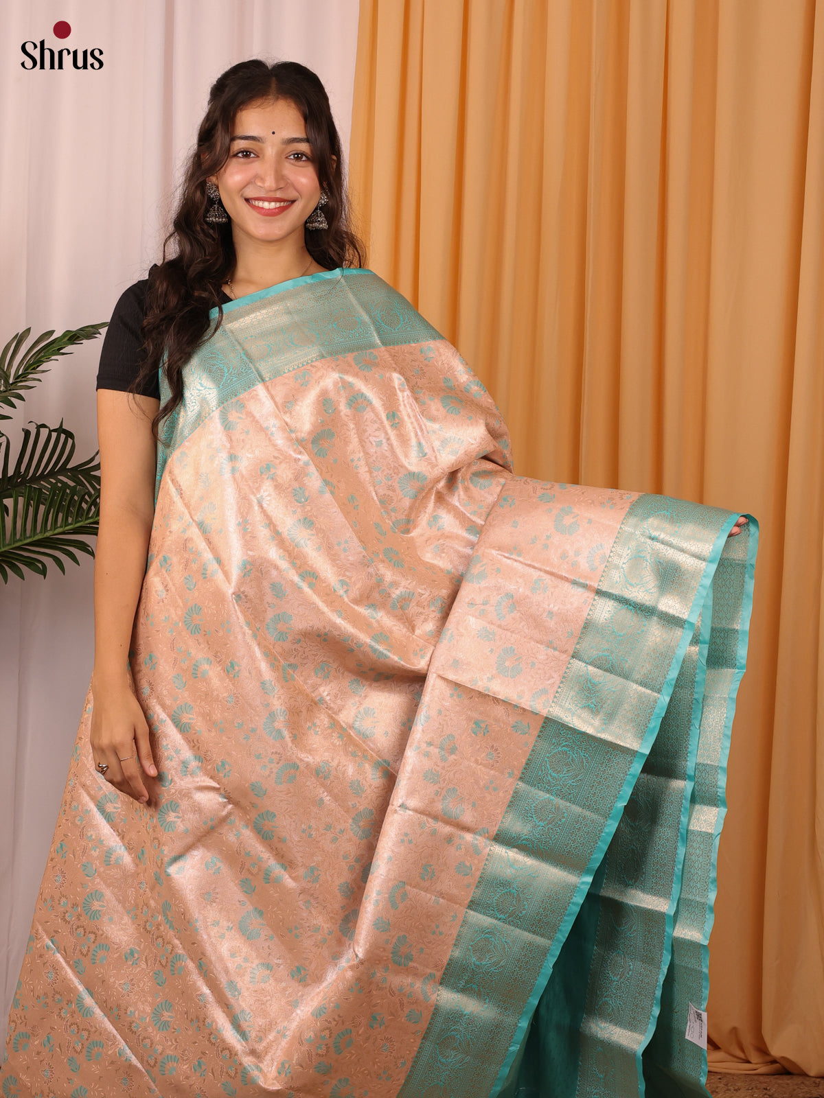 Peach & Turquoise - Kanchipuram-halfpure Saree