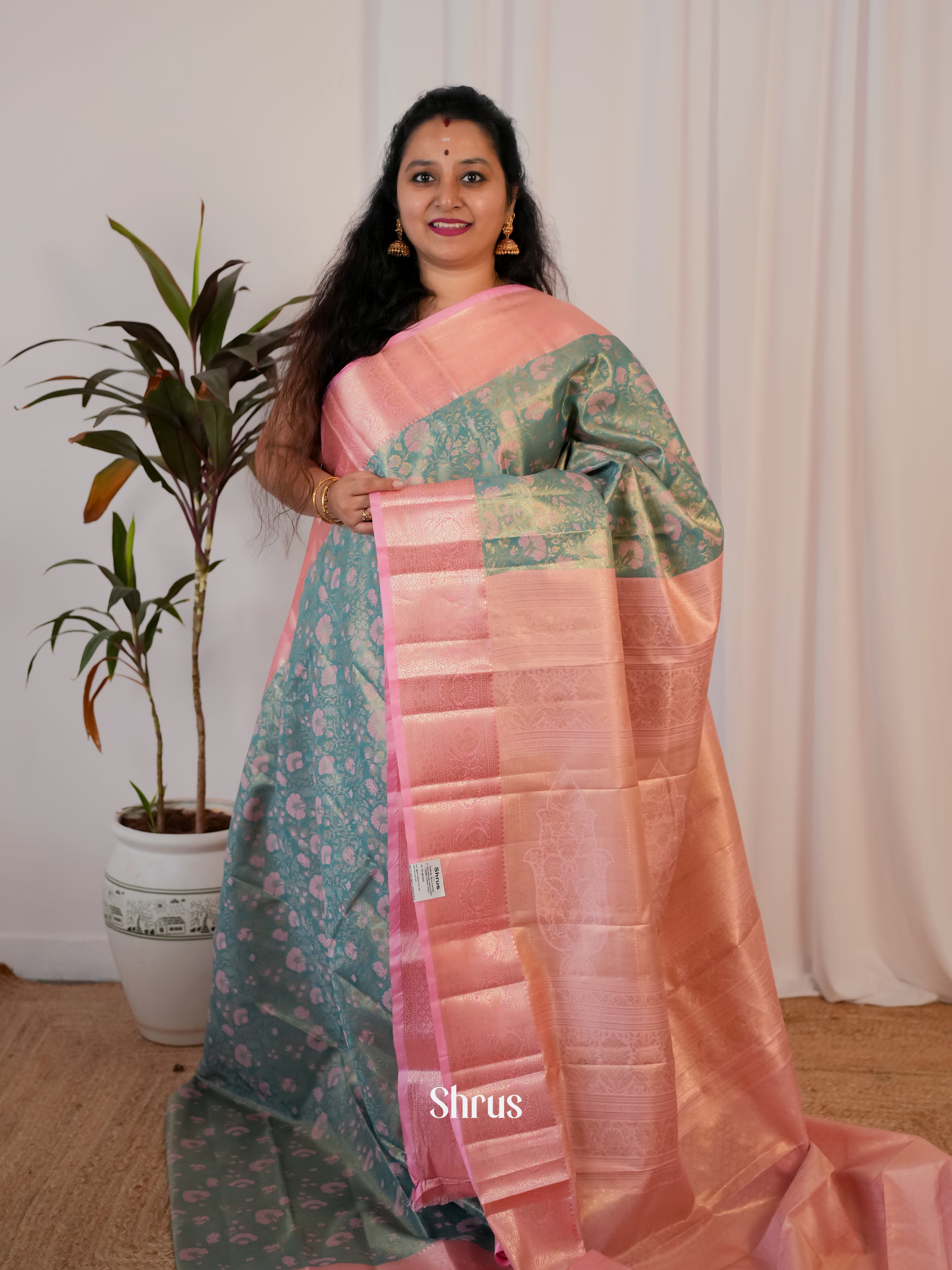 Teal & Pink  - Kanchipuram-halfpure Saree