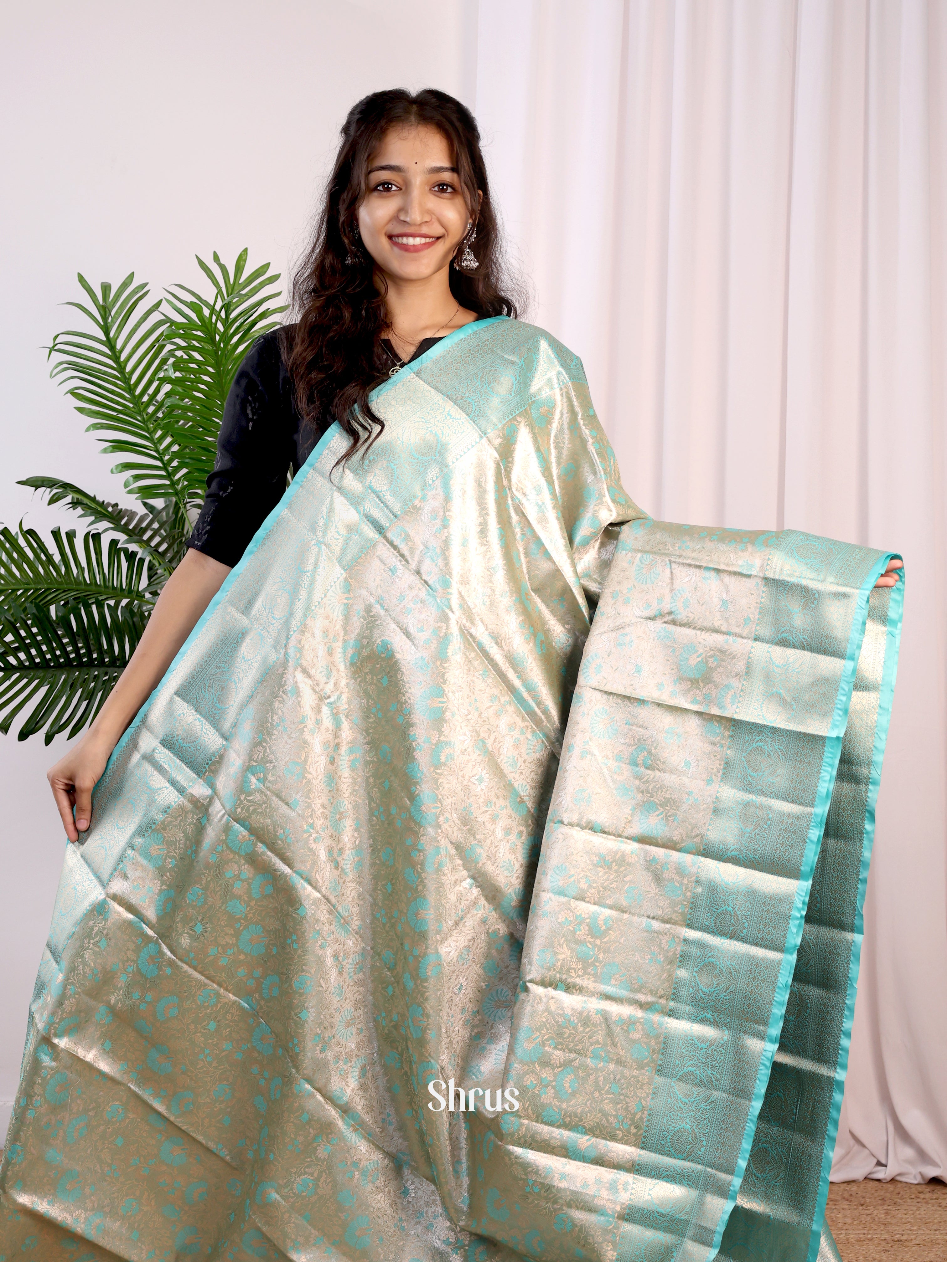 Teal & Gold- Kanchipuram-halfpure Saree