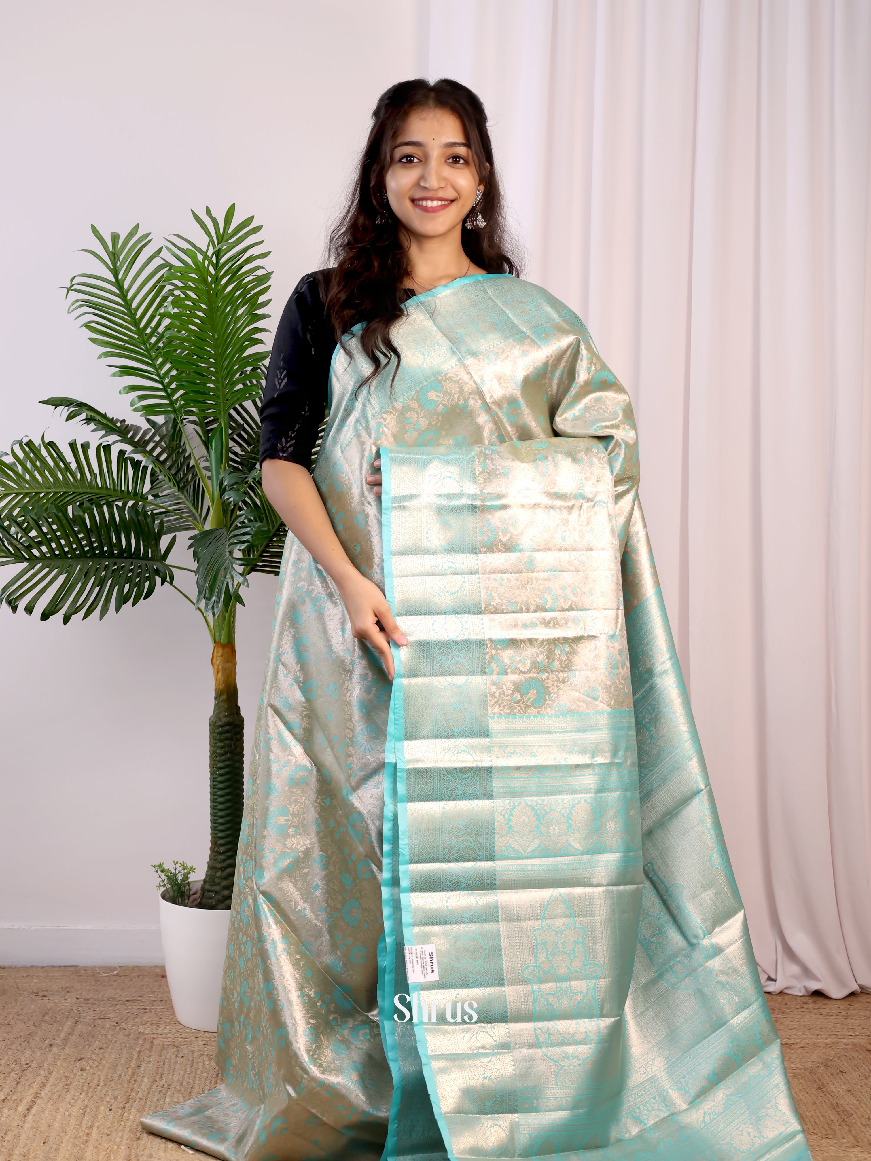 Teal & Gold- Kanchipuram-halfpure Saree