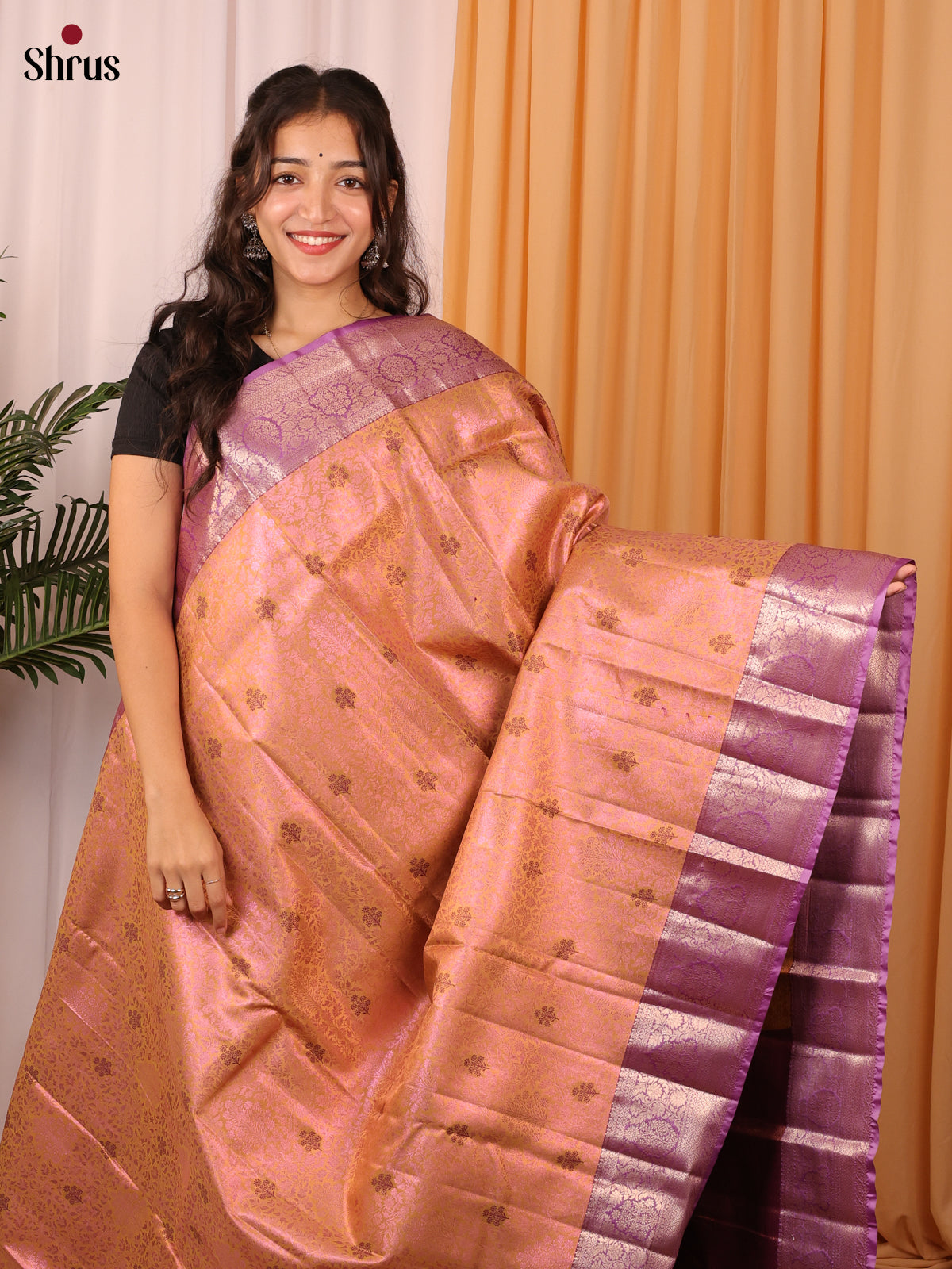 Peach & Purple - Kanchipuram-halfpure Saree